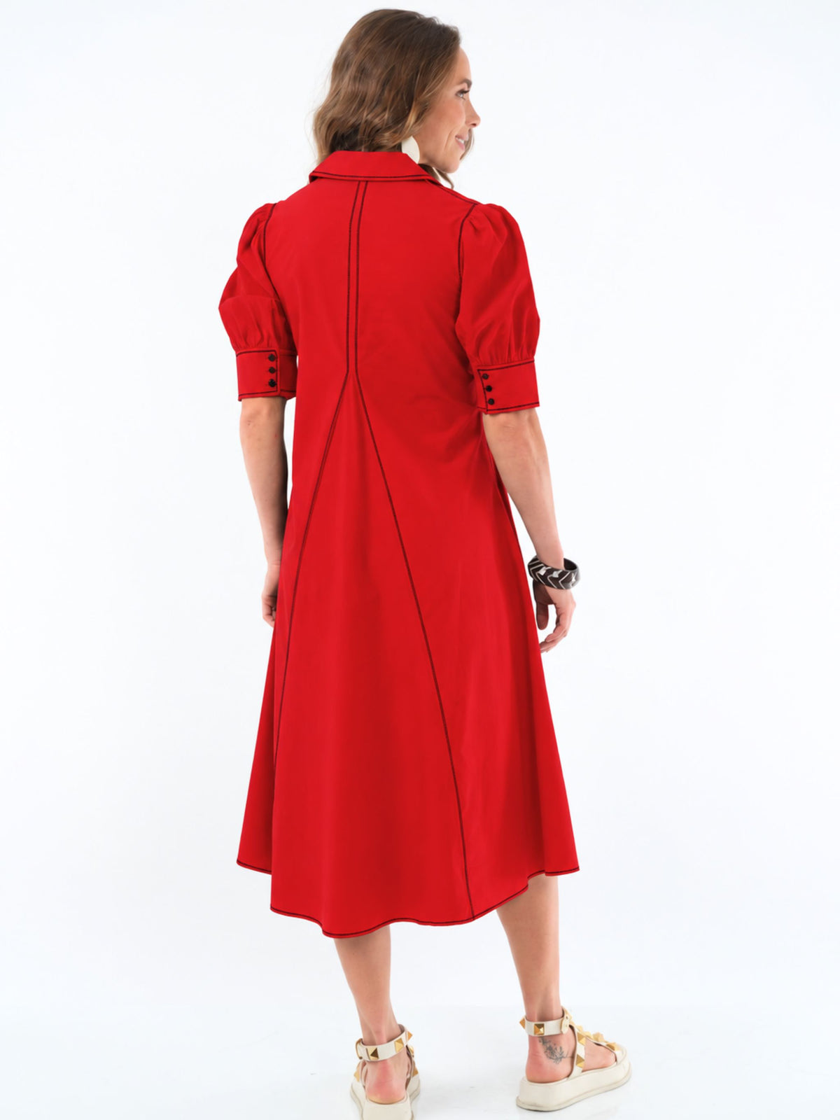 LIOR Women's Long Pointed Collar Red Dress With Puff Sleeves - "Amber"