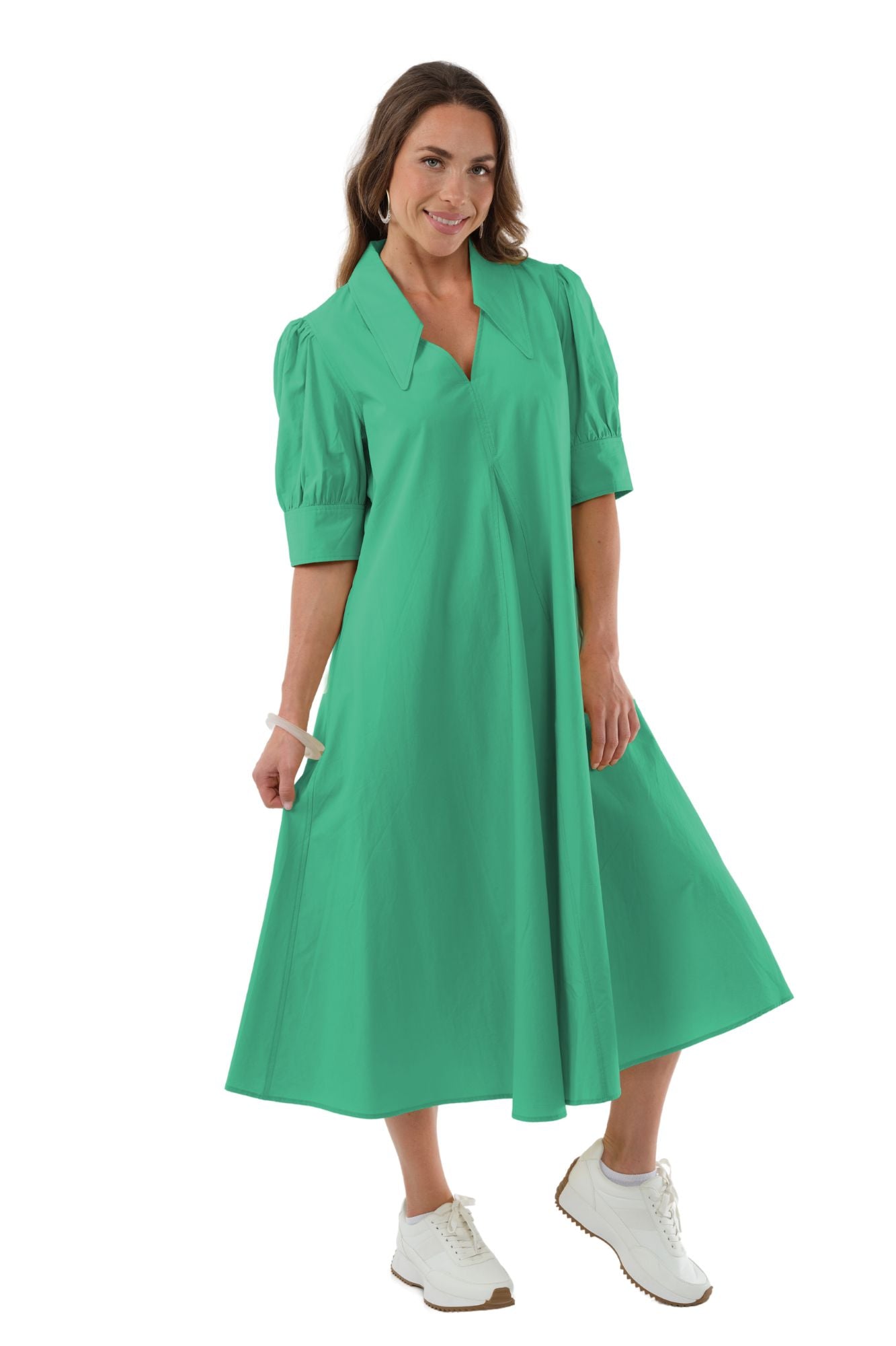 LIOR Women's Long Pointed Collar Cotton Jade Green Dress With Puff Sleeves - "Amber"