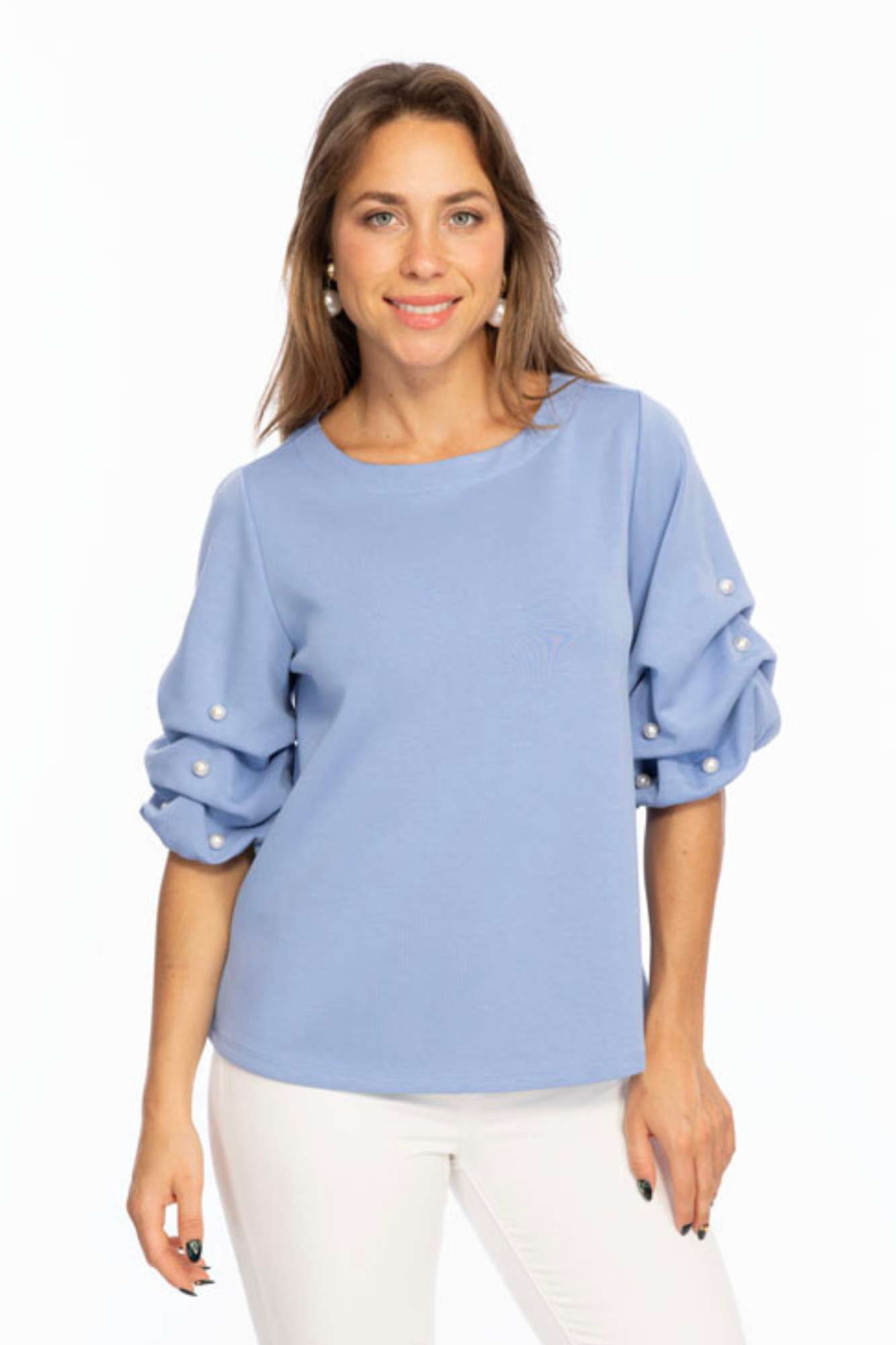 Soft Buttery Knit Cornflower Top With Pearls Puff Sleeves Detailing LIOR | ZILA