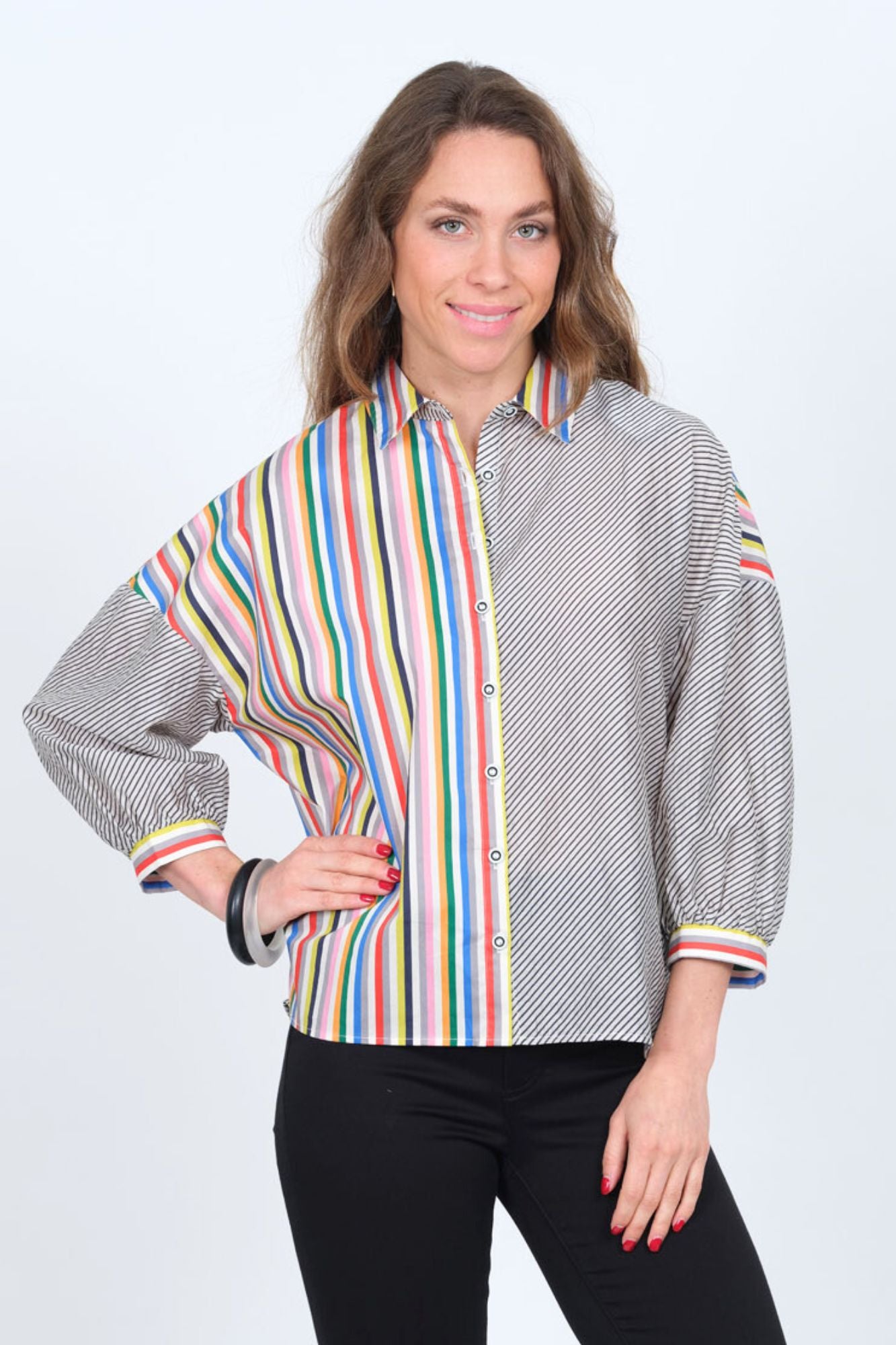 LIOR Women's Mix Media Multi Stripe Button Up Shirt - "Cyra"