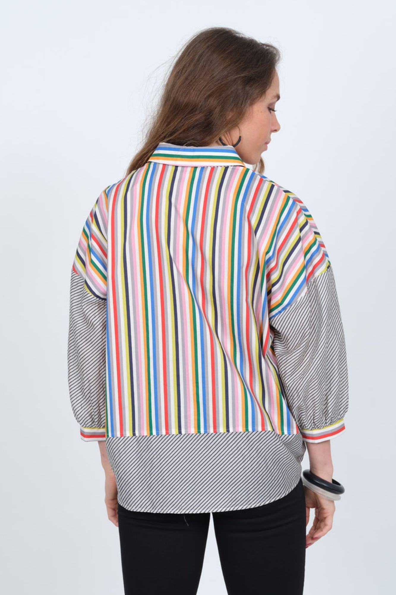 LIOR Women's Mix Media Multi Stripe Button Up Shirt - "Cyra"