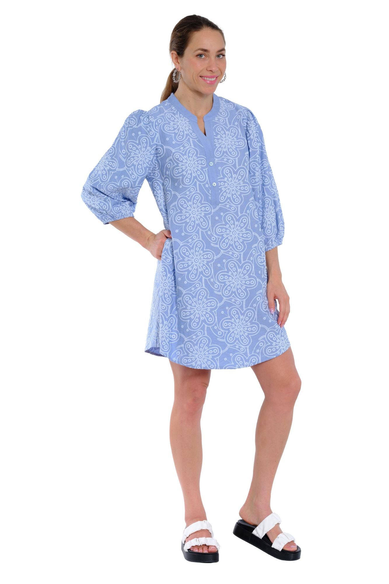 Blue floral embroidered casual dress for women with 3/4 sleeves