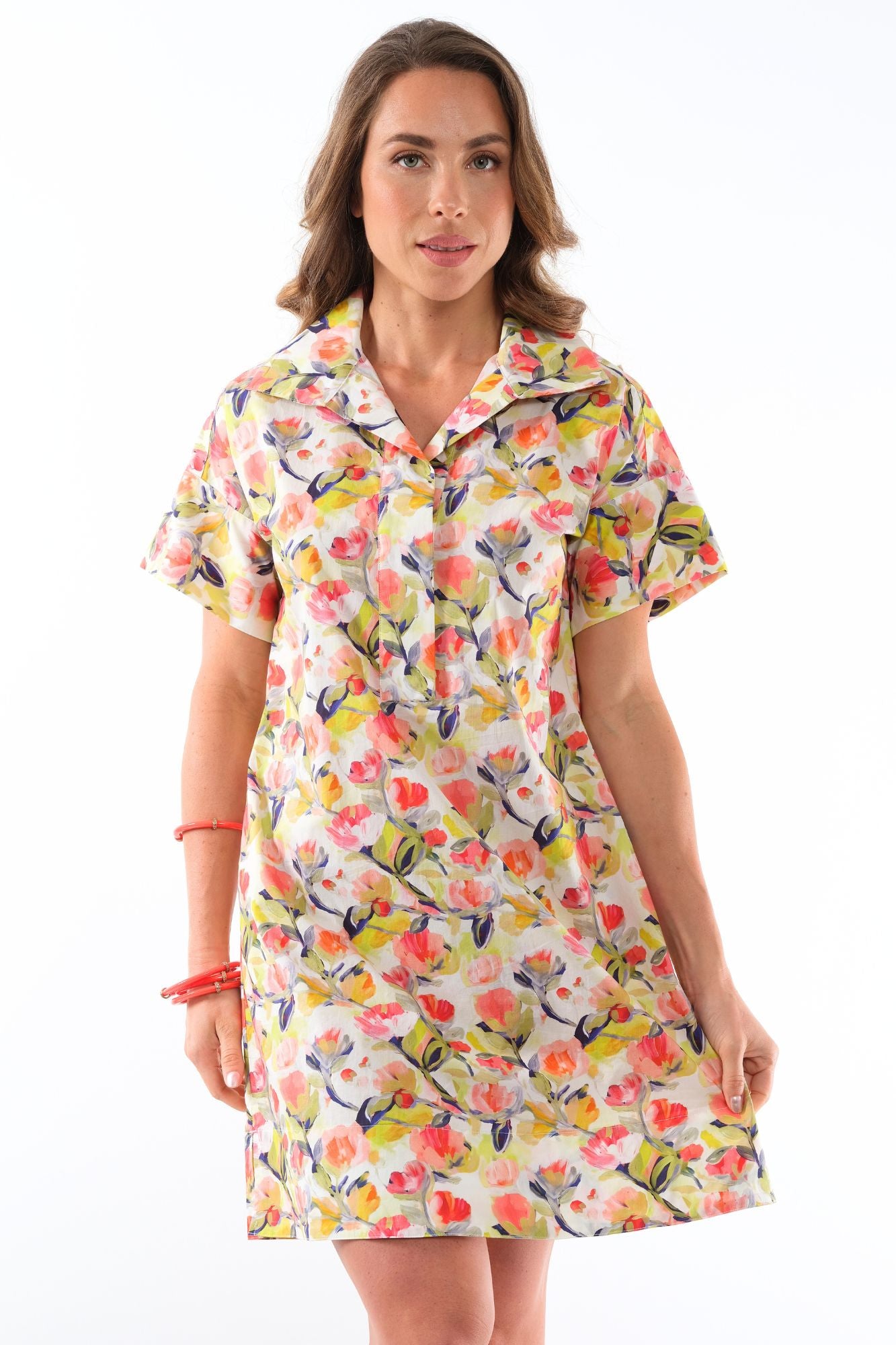 LIOR Women's Floral Short Sleeve Knee Length Dress With Collar Side Pockets - "Agnes"