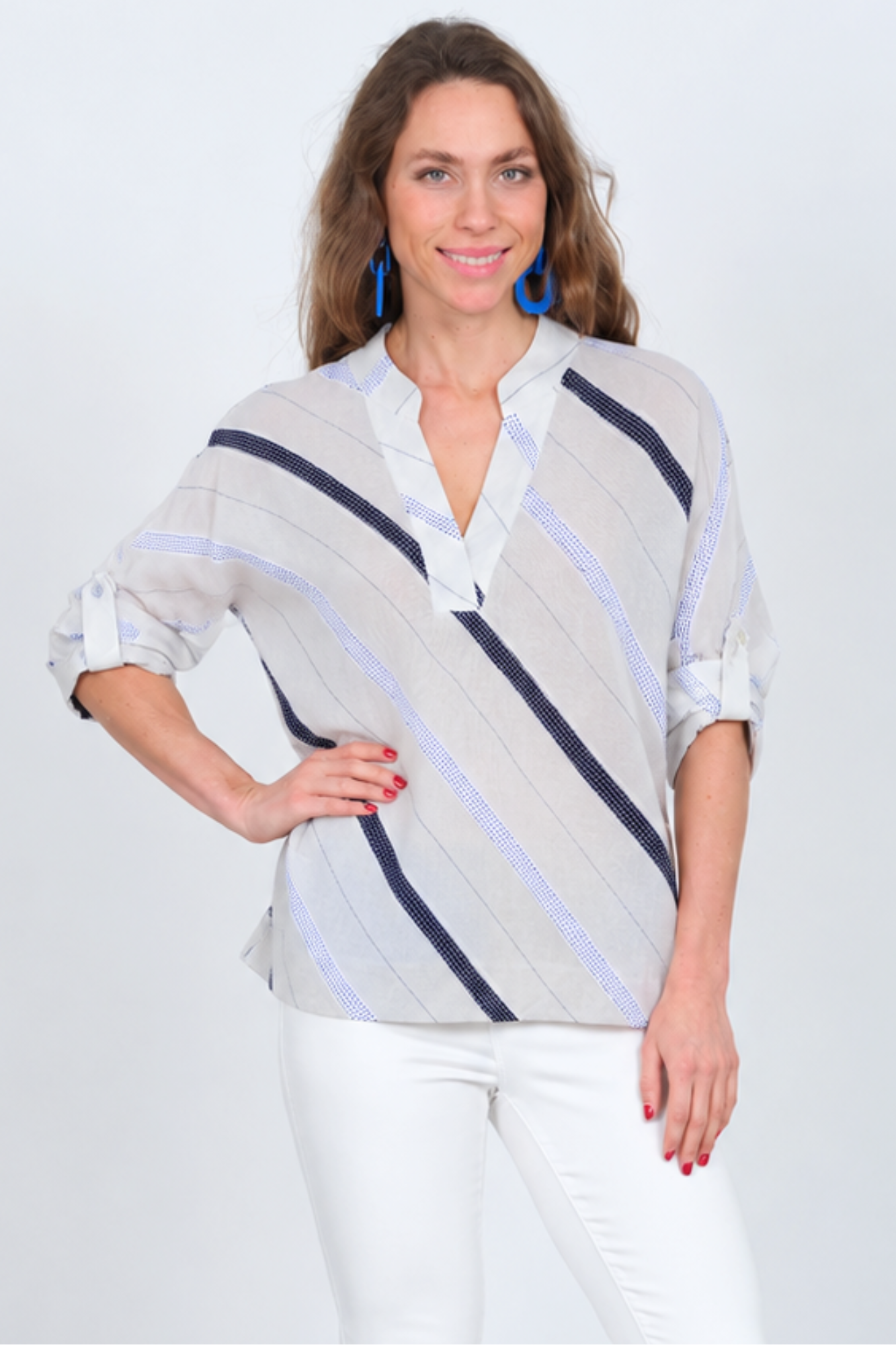 Lior Women's Pull Over V Neck White & Navy Striped Cotton Blouse - "FRIDA"