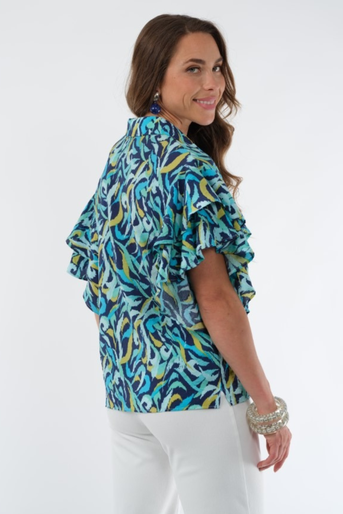 Women's Ruffle Flounce Sleeve Top In Turquoise Swirl Print - Harmony