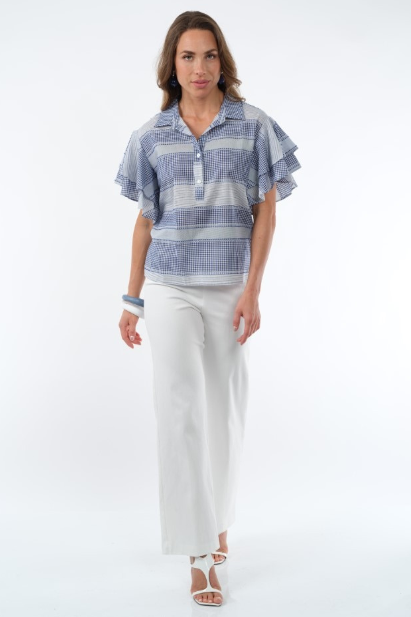 Women's Soft Blue Stripped Ruffle Flounce Sleeve Top - Harmony