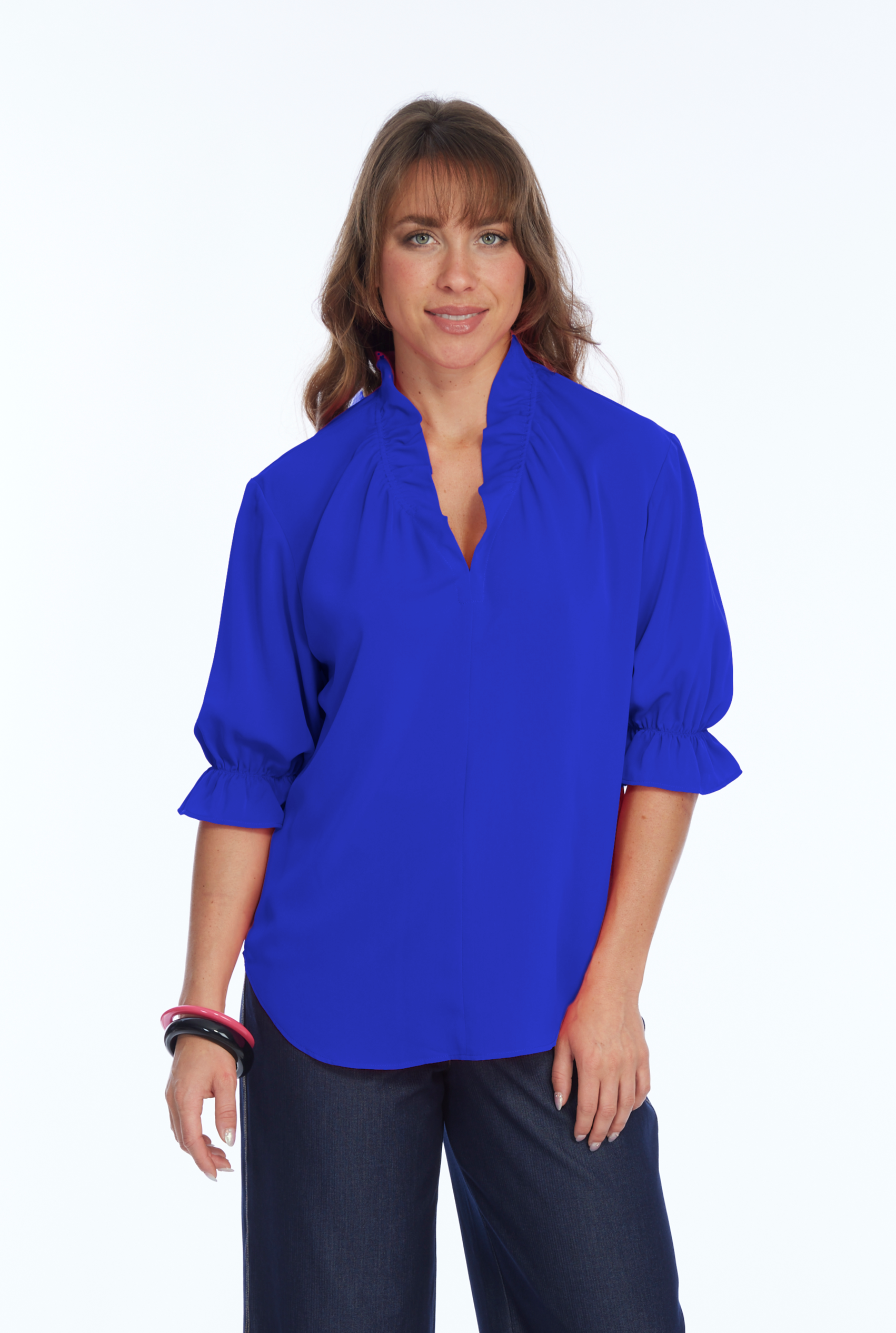 Women's 3/4 Ruffle Sleeve & V-Neck Blouse - Cobalt  | Harper LIOR