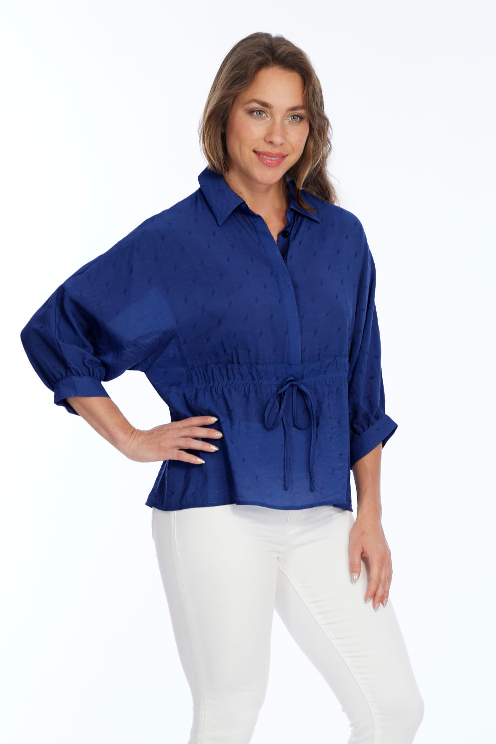 Women's Lime Pleated Drawstring Waist Blouse 3/4 Sleeves LIOR