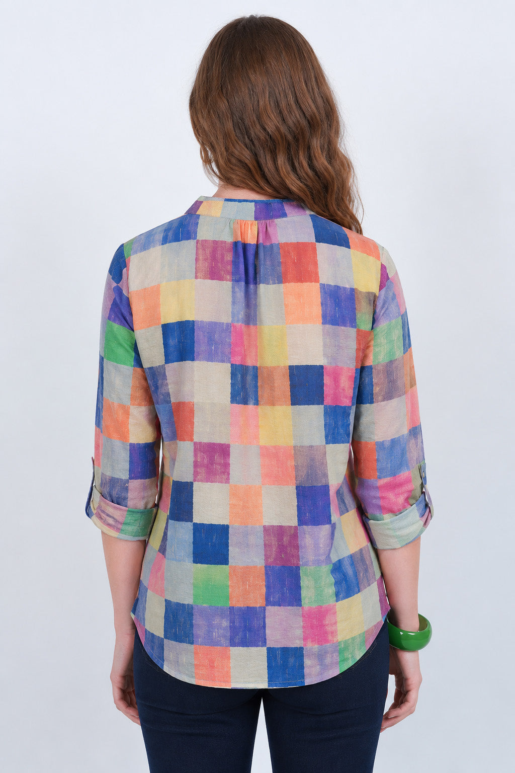 Lior Women's Colorful Checkered Pull Over Blouse With Roll Tab Sleeves - "JOELLE"