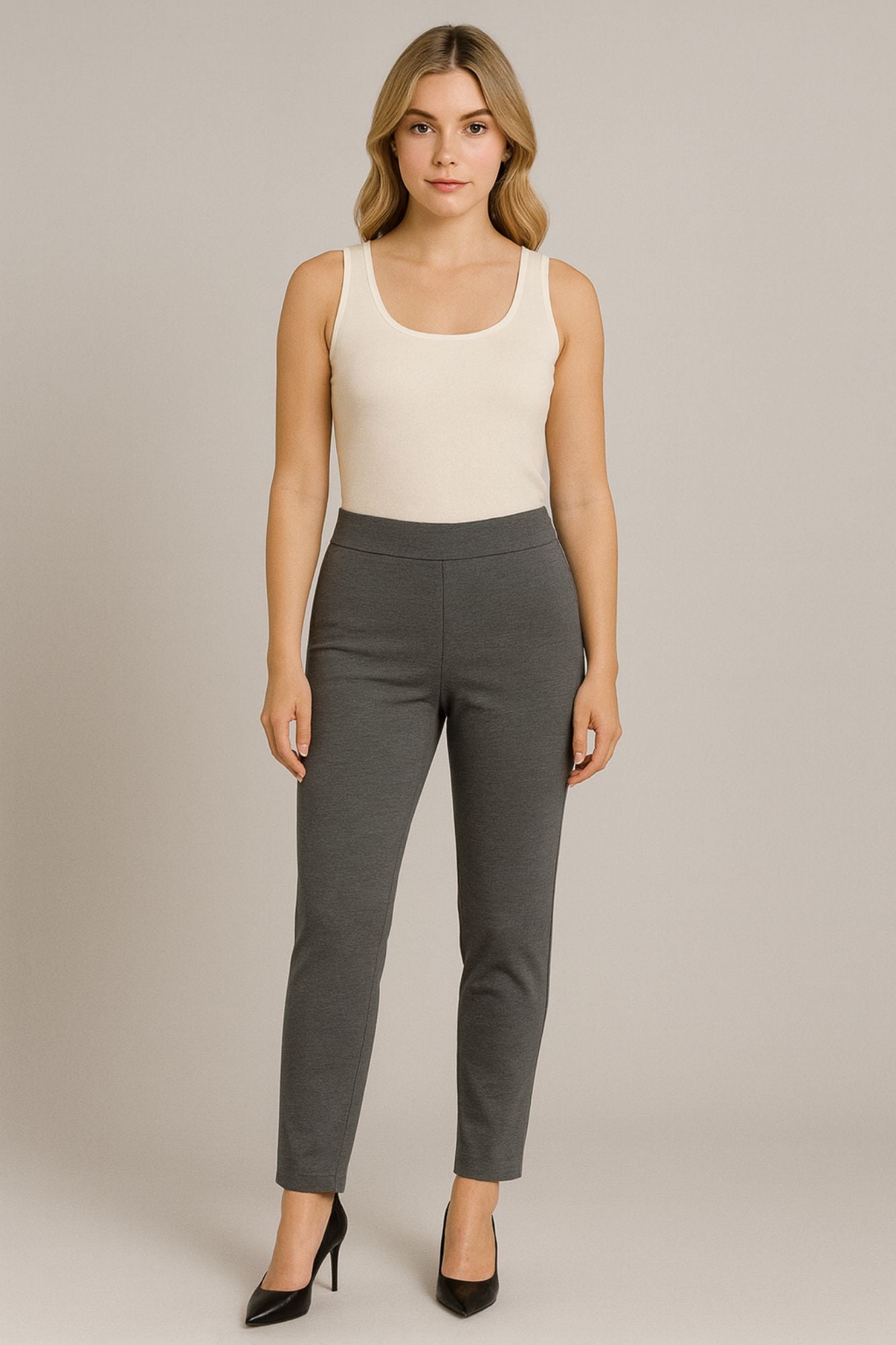 Women's Soft Heather Grey Ponte Pant - Pull On - Tapered Ankle Pant - "Lisha"