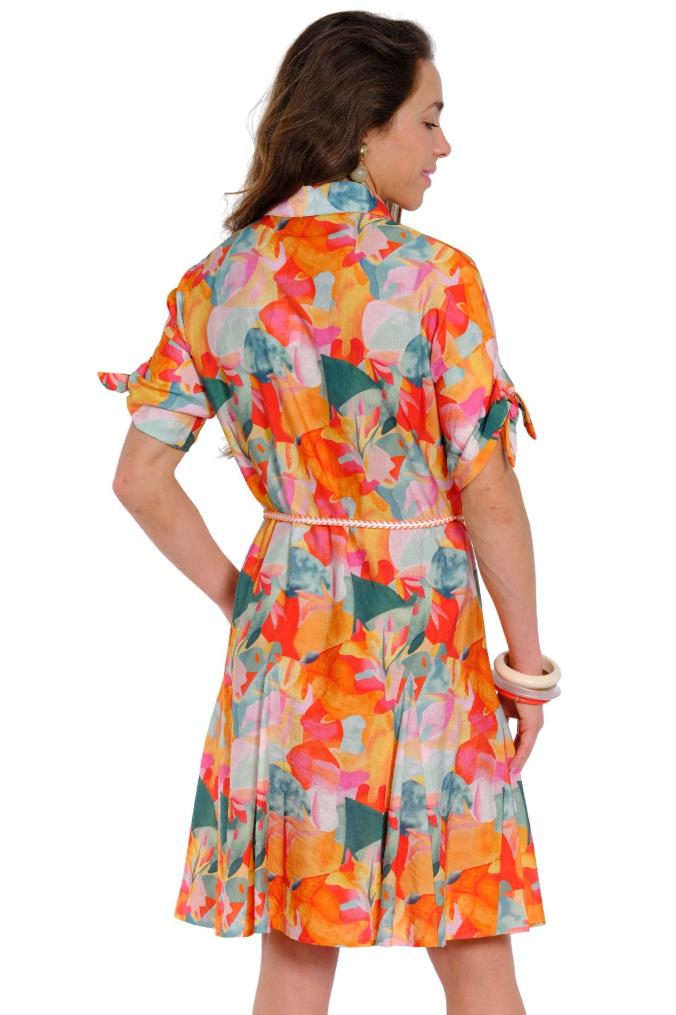 Colorful button down summer dress for women with tie waist and short sleeves