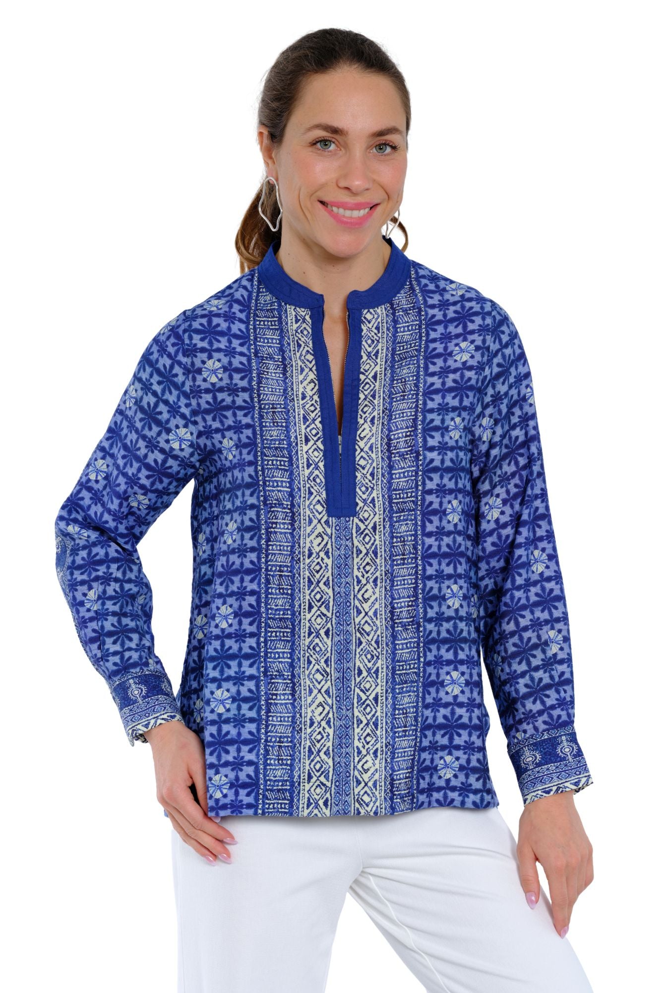 LIOR Maje dressy casual travel tunic in blue and white print with patterned cuffs