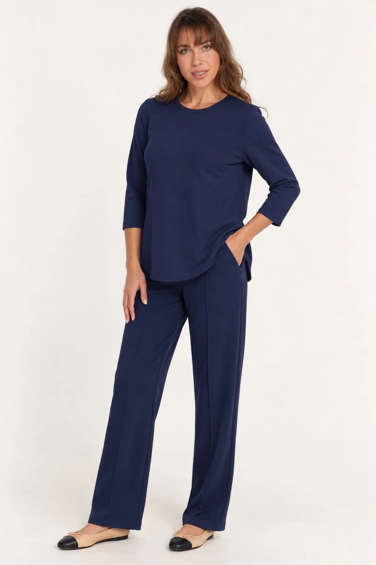 Women's 2 Piece Oxford Leisure Set Ft. Zofi 3/4 Knit Top & 28" Inseam Pull On Tapered Pant - "Zia"