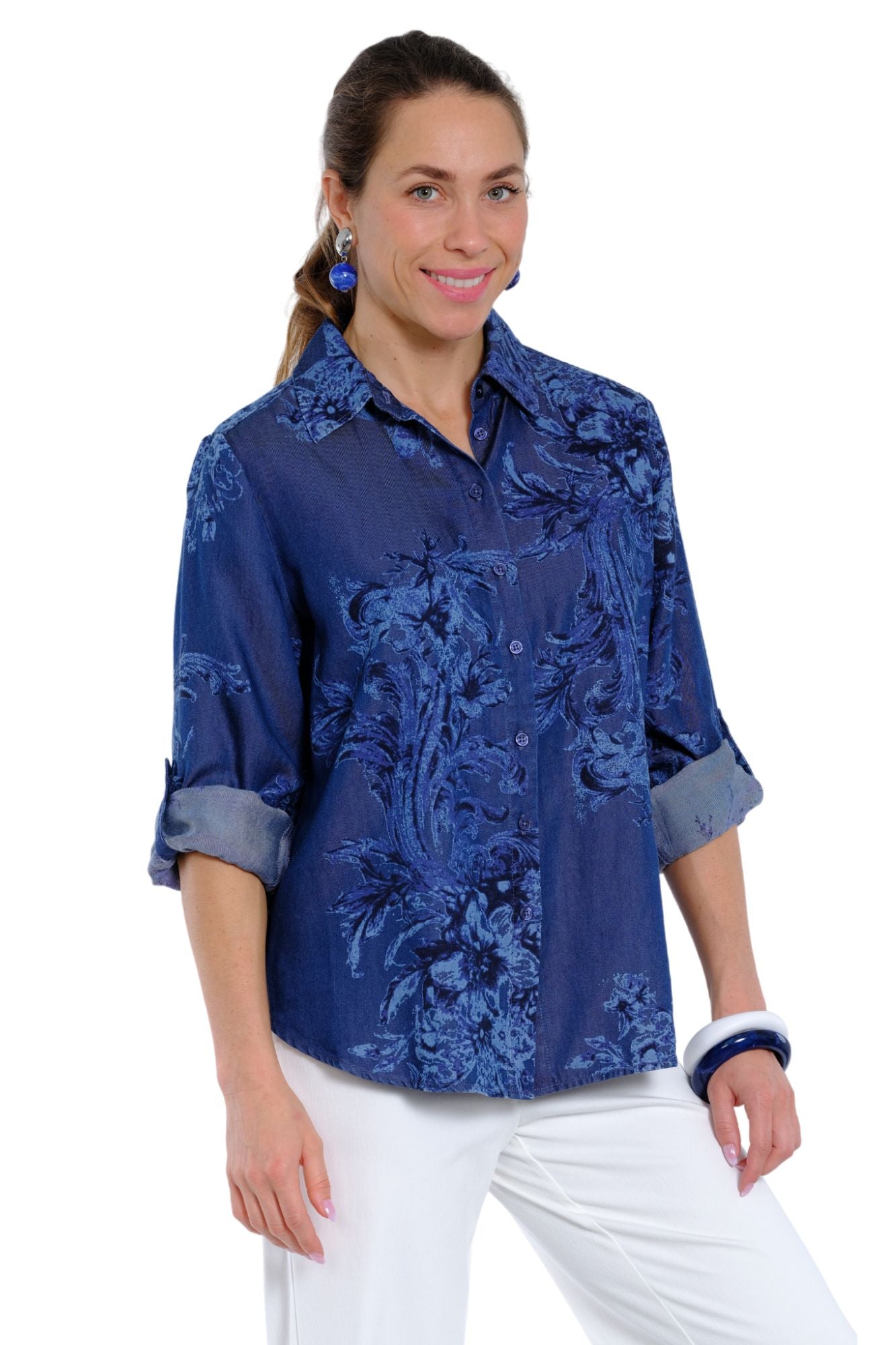 LIOR Women’s Floral Button Down Shirt for Women with Roll Tabs - "Merit"