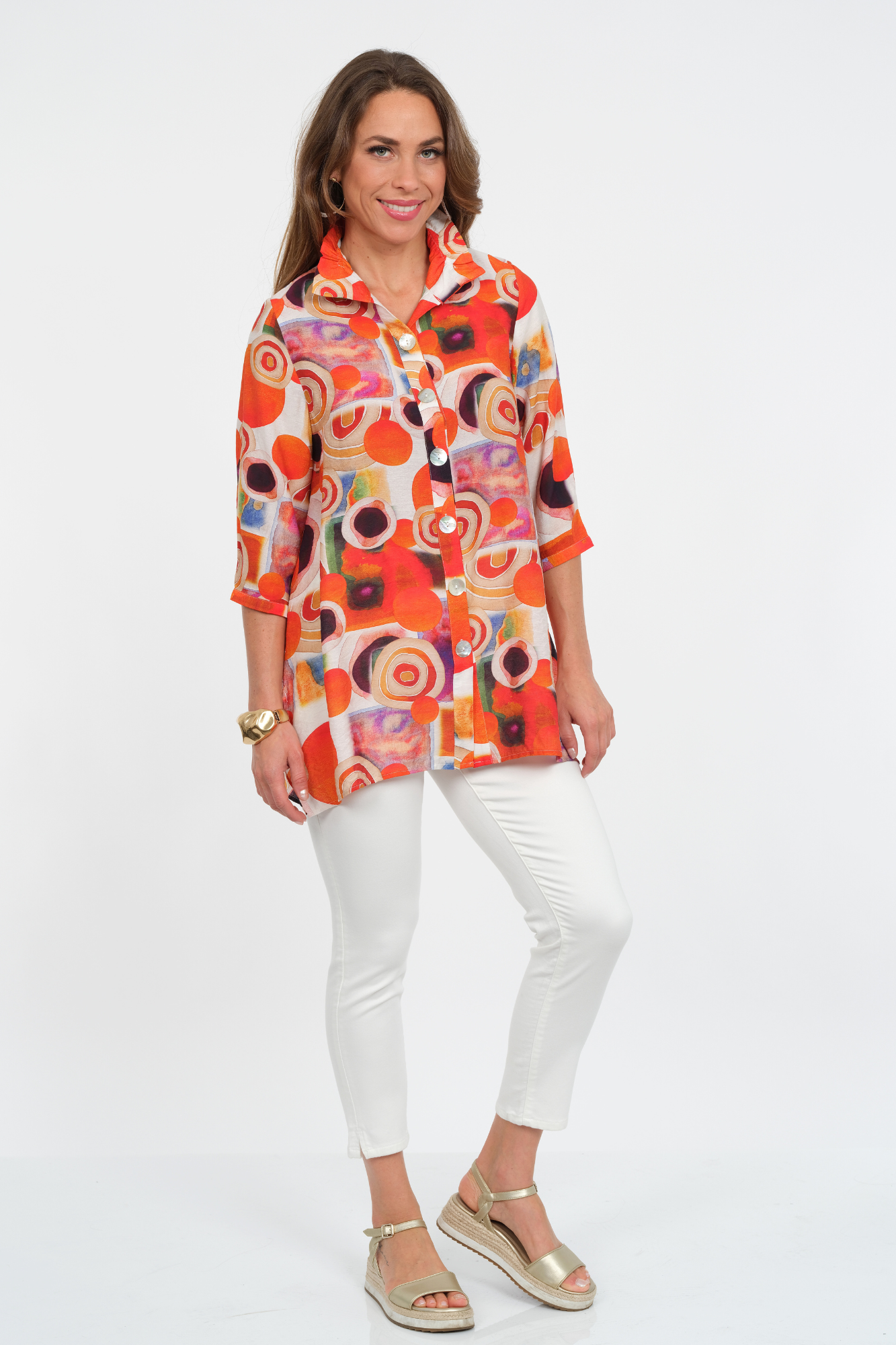 Women's  Multi Abstract Stand Up Wire Collar Tunic Blouse Detailed Buttons - "Dora"