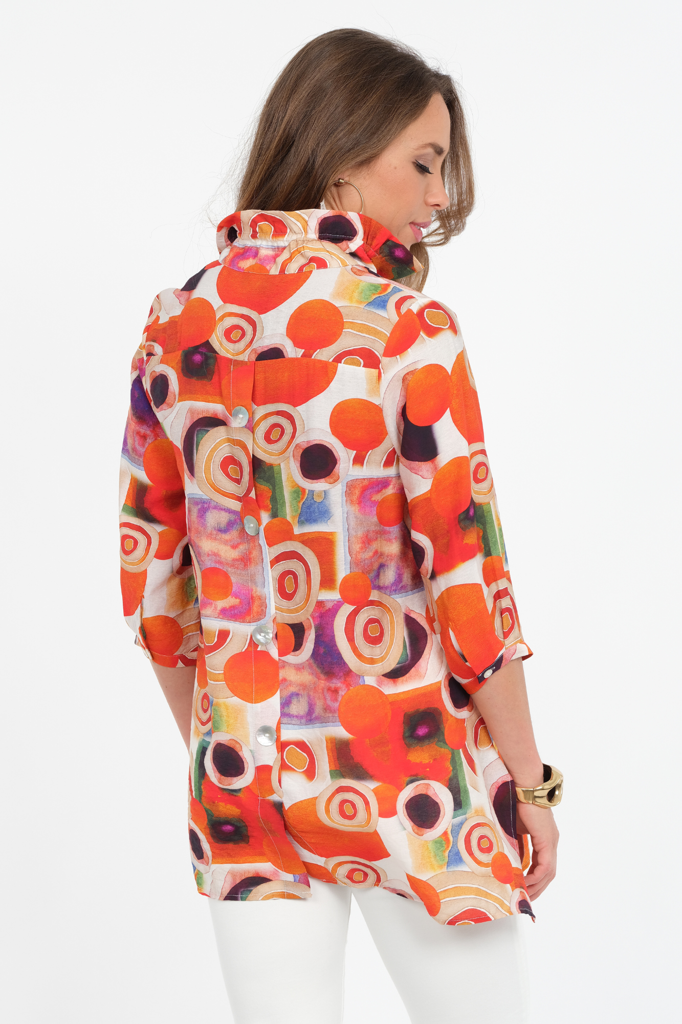 Women's  Multi Abstract Stand Up Wire Collar Tunic Blouse Detailed Buttons - "Dora"