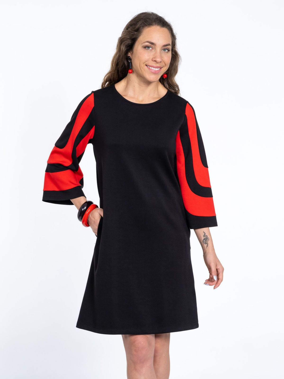 Women's Soft Knit Black & Red Mixed-Media Tulip Sleeve Dress - "Denmark"