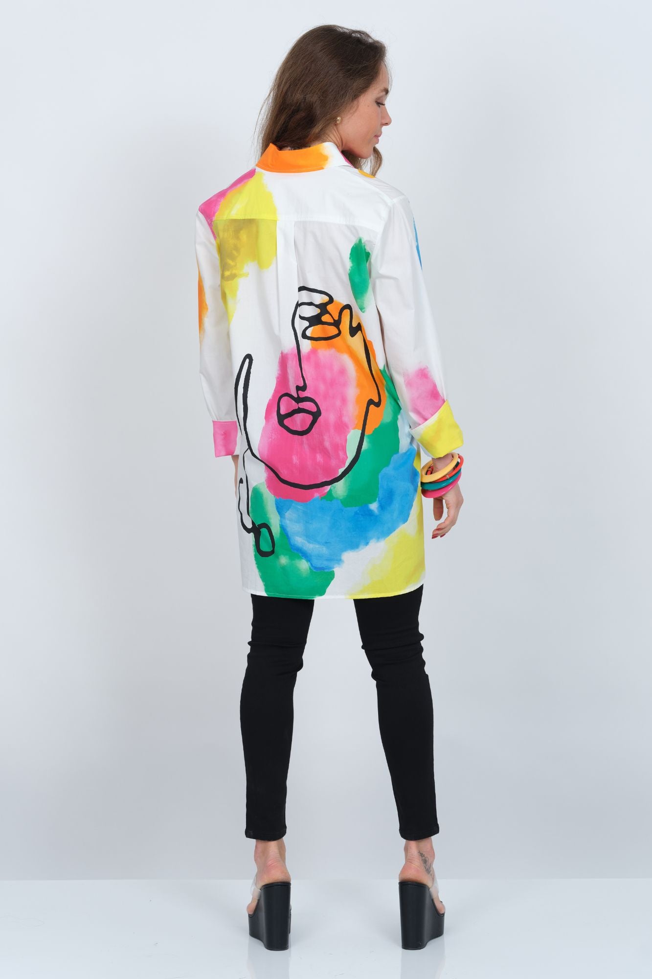 Lior Women's Cotton Abstract Face Print Button Down Long Shirt - "RIO"