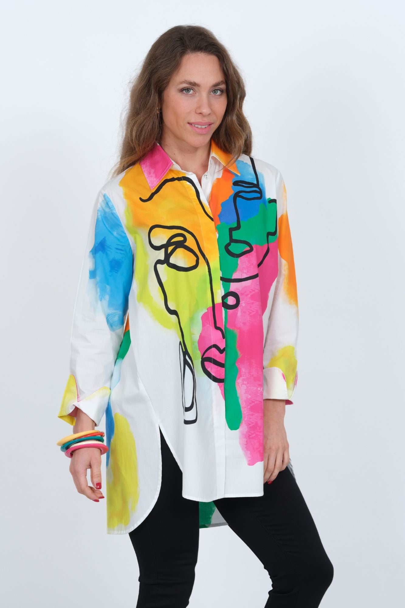 Lior Women's Cotton Abstract Face Print Button Down Long Shirt - "RIO"