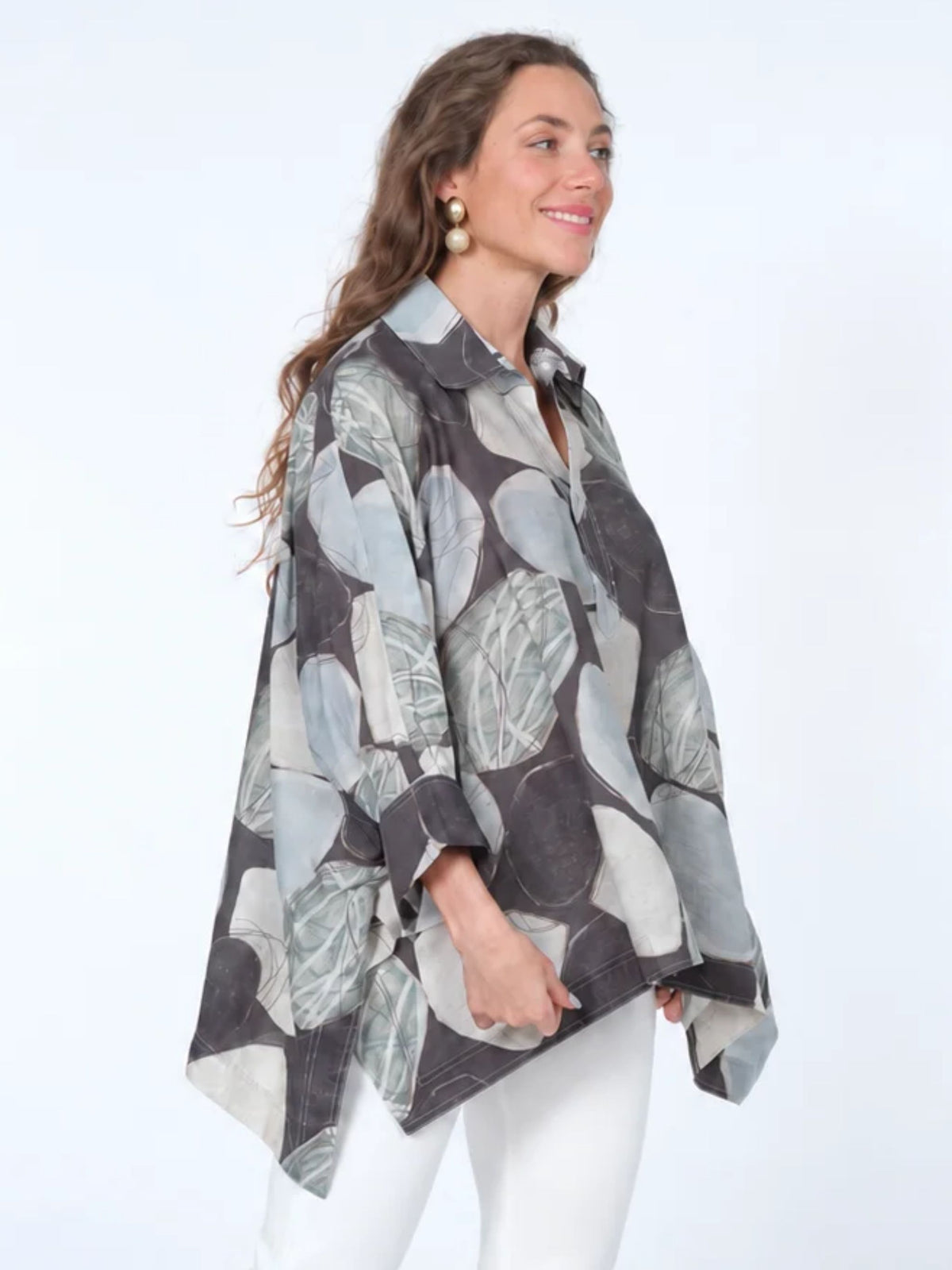 Women's Taupe & Beige Mosaic Print One Size Collar Tunic Top - Flowy & Fits All - "S128"