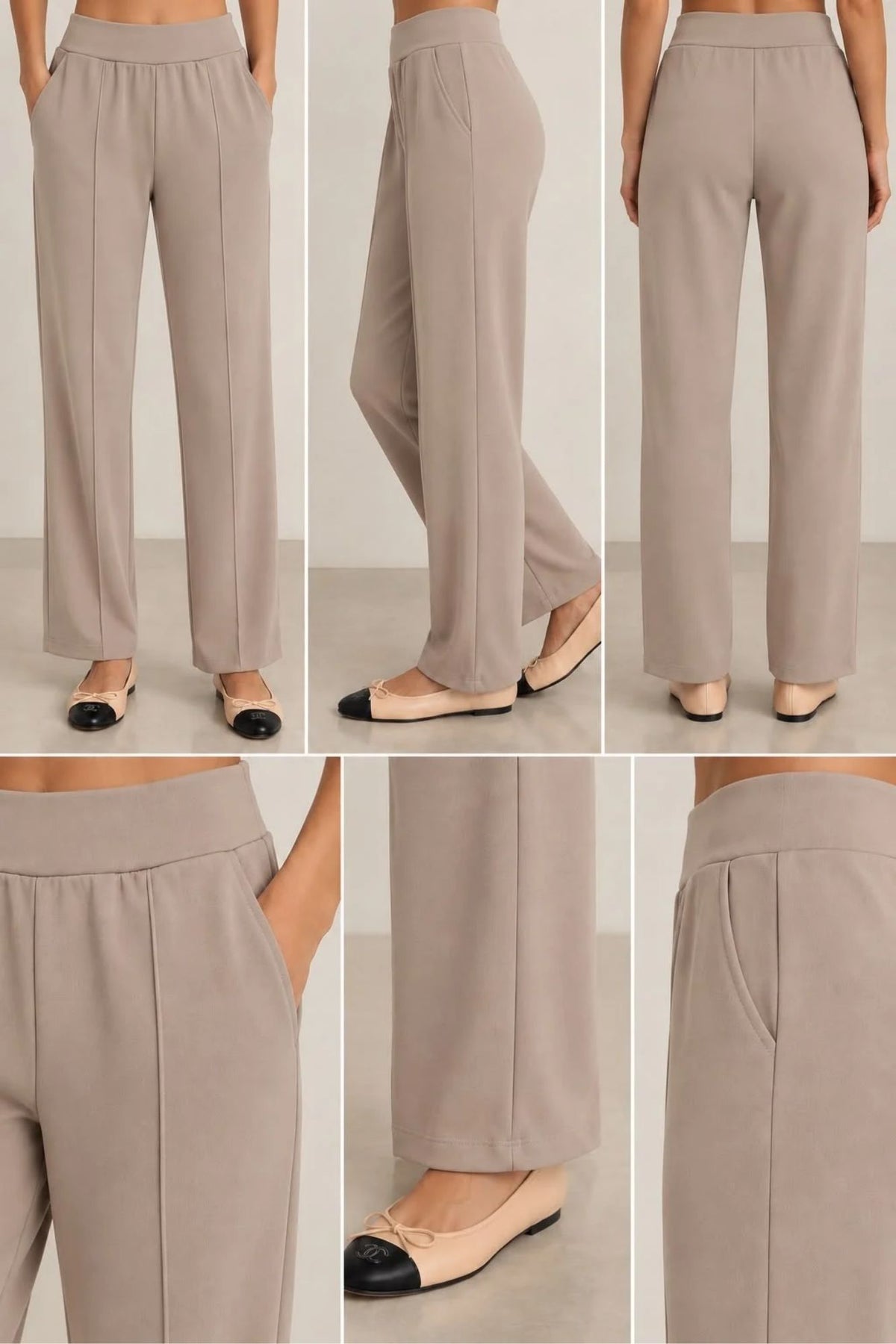 Women's 2 Piece Soft Taupe Leisure Set Ft. Zofi 3/4 Knit Top & 28" Inseam Pull On Tapered Pant - "Zia"