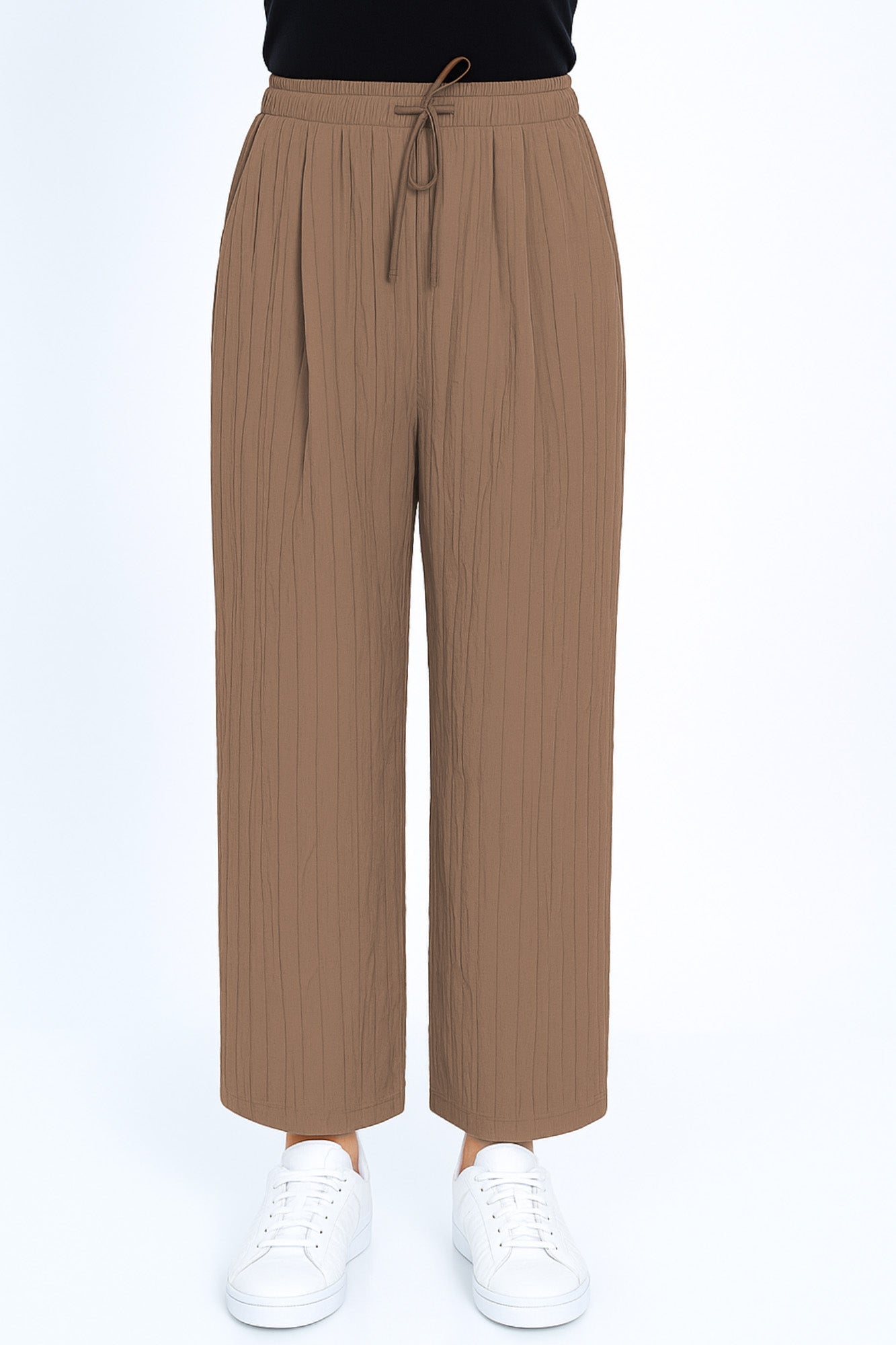LIOR Women's Crinkle Wide-Leg Pull-On Pant – Lightweight Travel/Athleisure (Mocha)