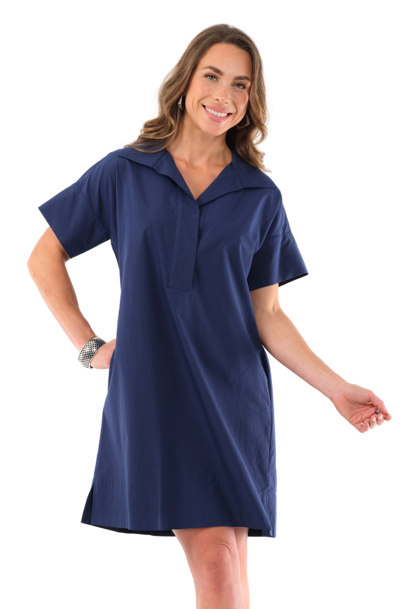 LIOR Women's Cotton Short Sleeve Knee Length Dress With Collar Side Pockets - "Agnes"