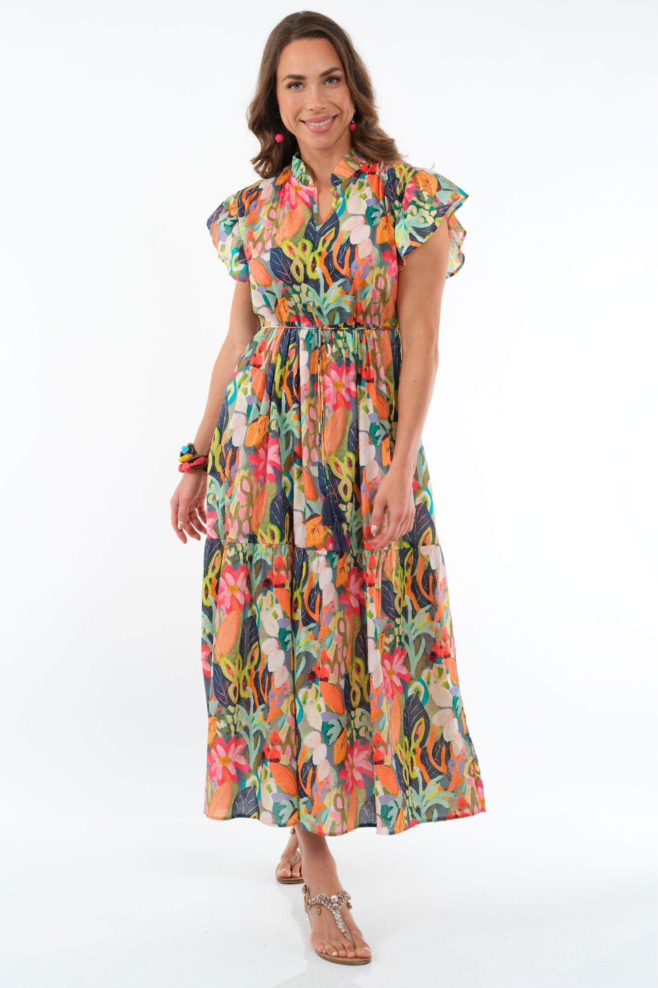 LIOR Women's Long Orange Floral Dress Tiered Hem Ruffle Neck & Short Sleeves - "Sophiya"