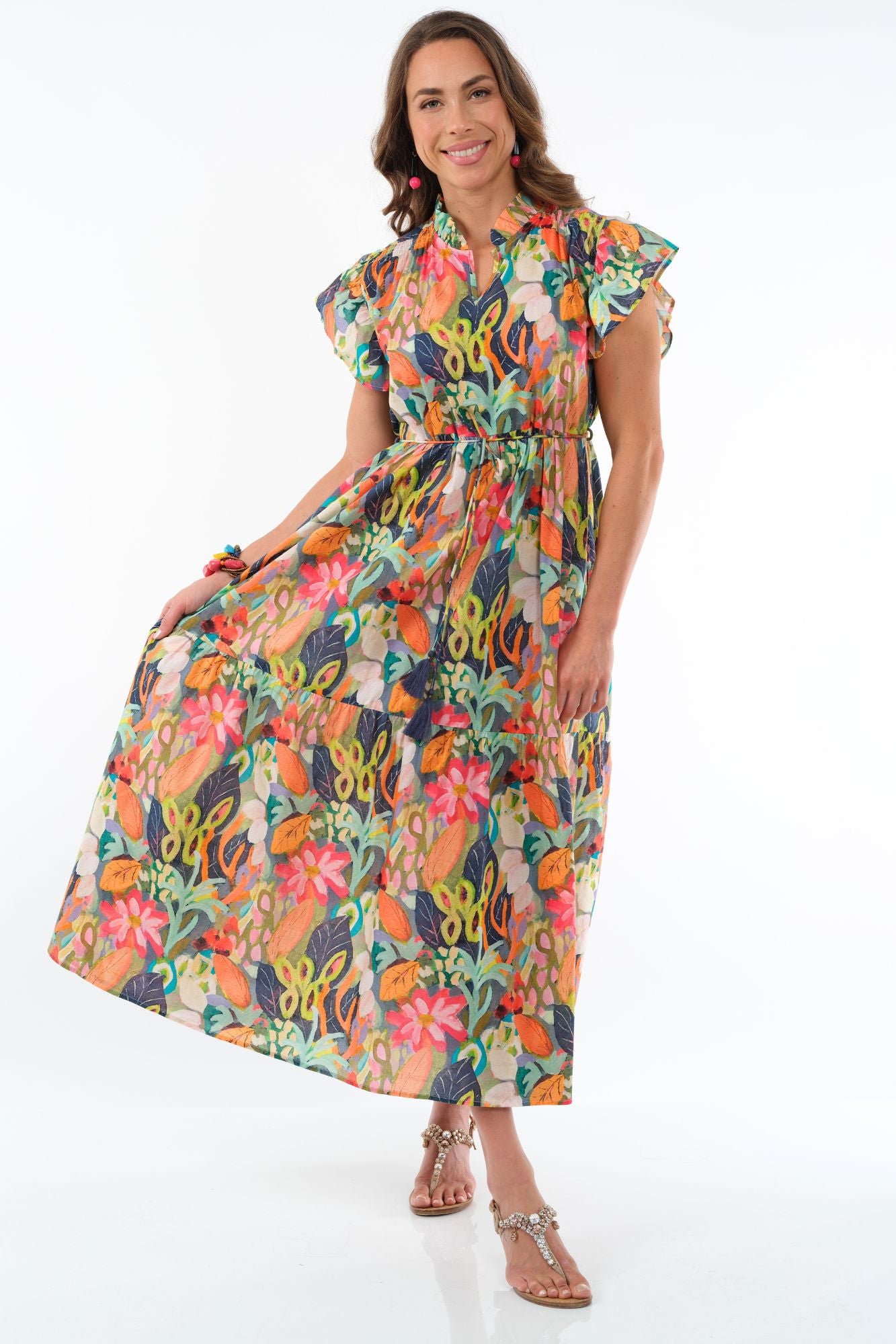 LIOR Women's Long Orange Floral Dress Tiered Hem Ruffle Neck & Short Sleeves - "Sophiya"