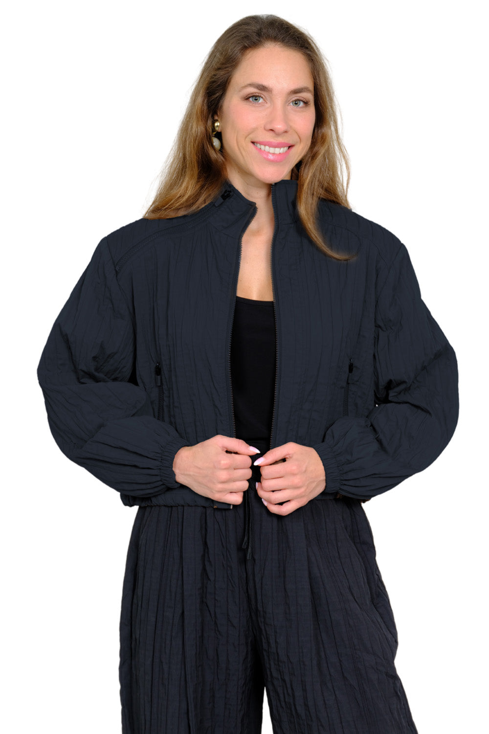 Lior Women's Crinkle Zip Bomber Jacket – Lightweight Mock-Neck Athleisure Layer (Brown/Mocha)
