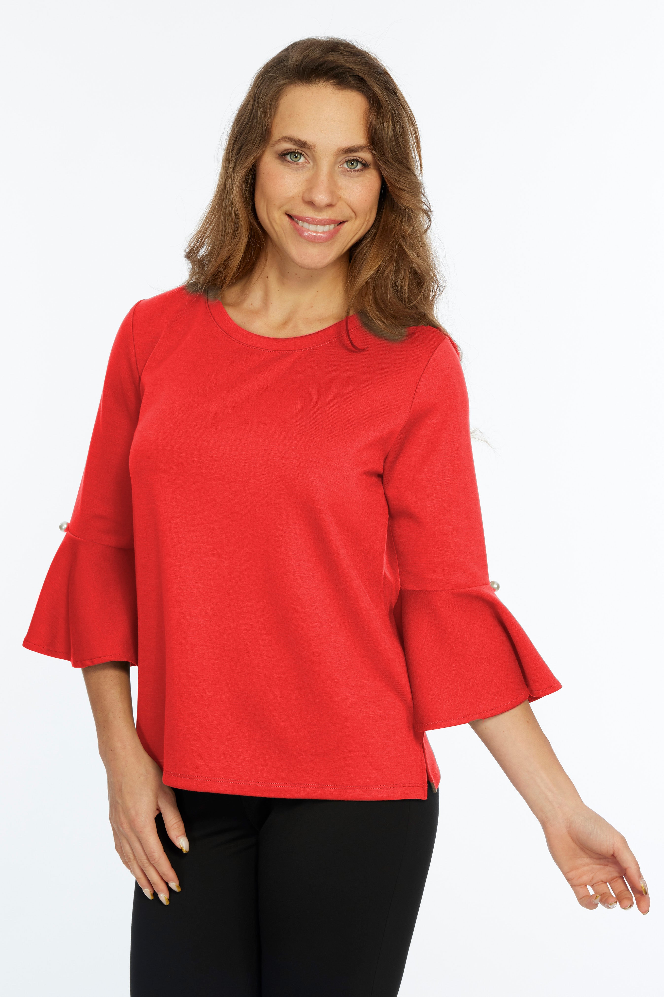 Solid Bell Sleeve Knit Top Round Neck - Red | ZEE | LIOR