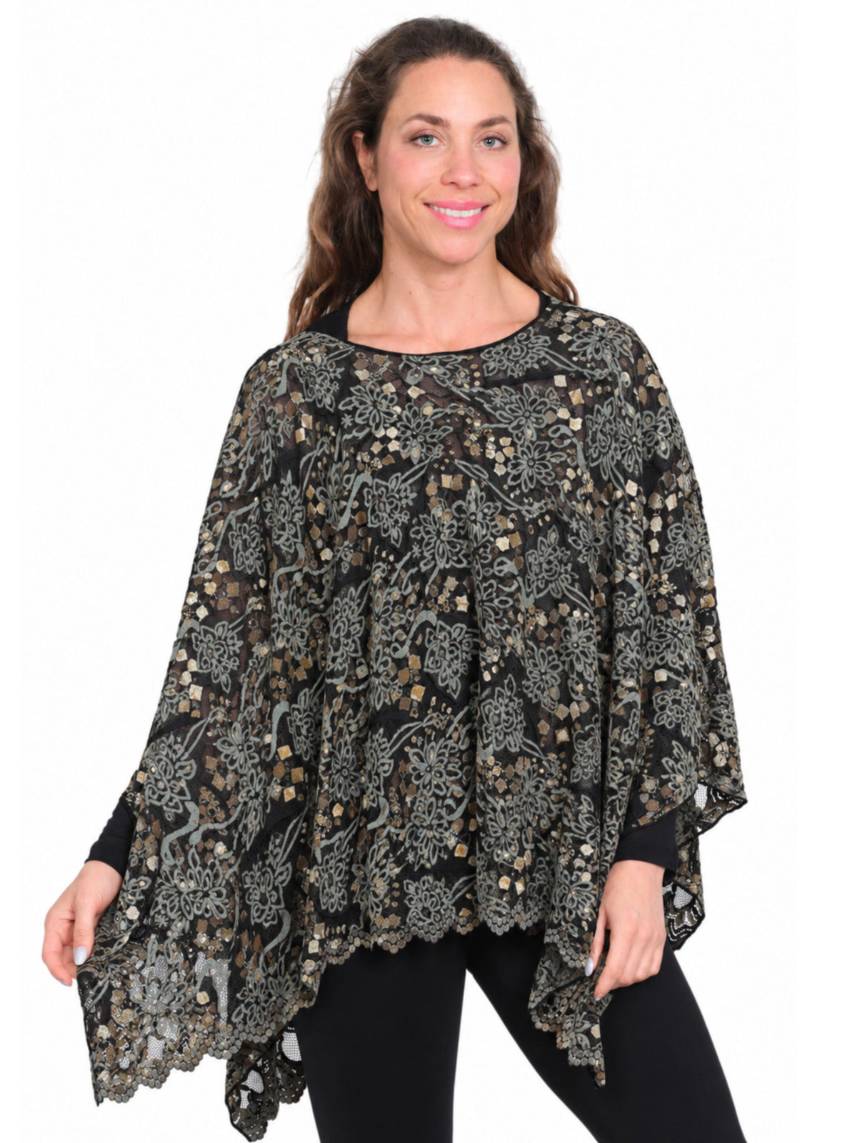Women's Teal & Gold Lace Poncho – One Size Scalloped Hem - "Zetta"