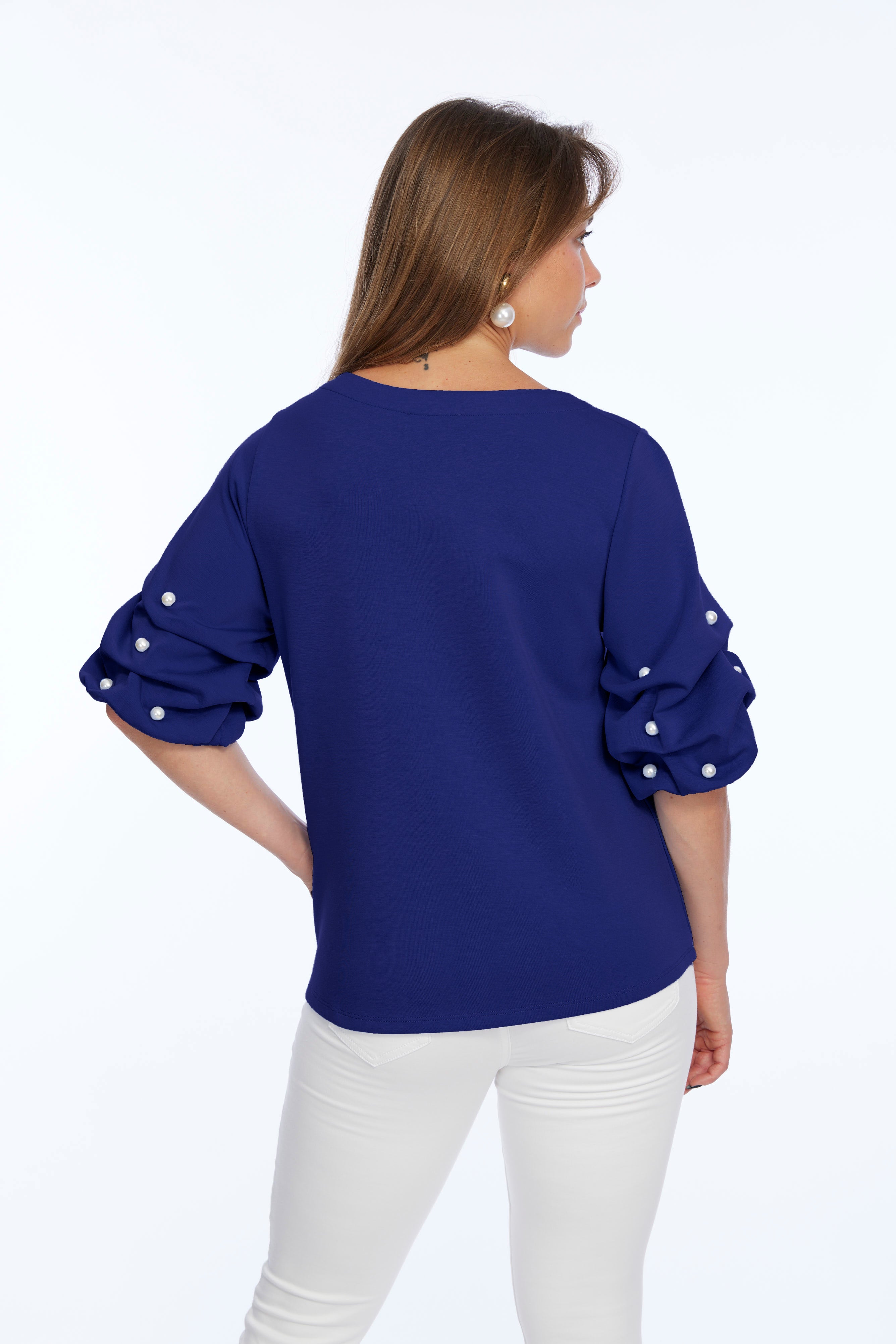 Soft Buttery Knit Navy Top With Pearls Puff Sleeves Detailing LIOR | ZILA