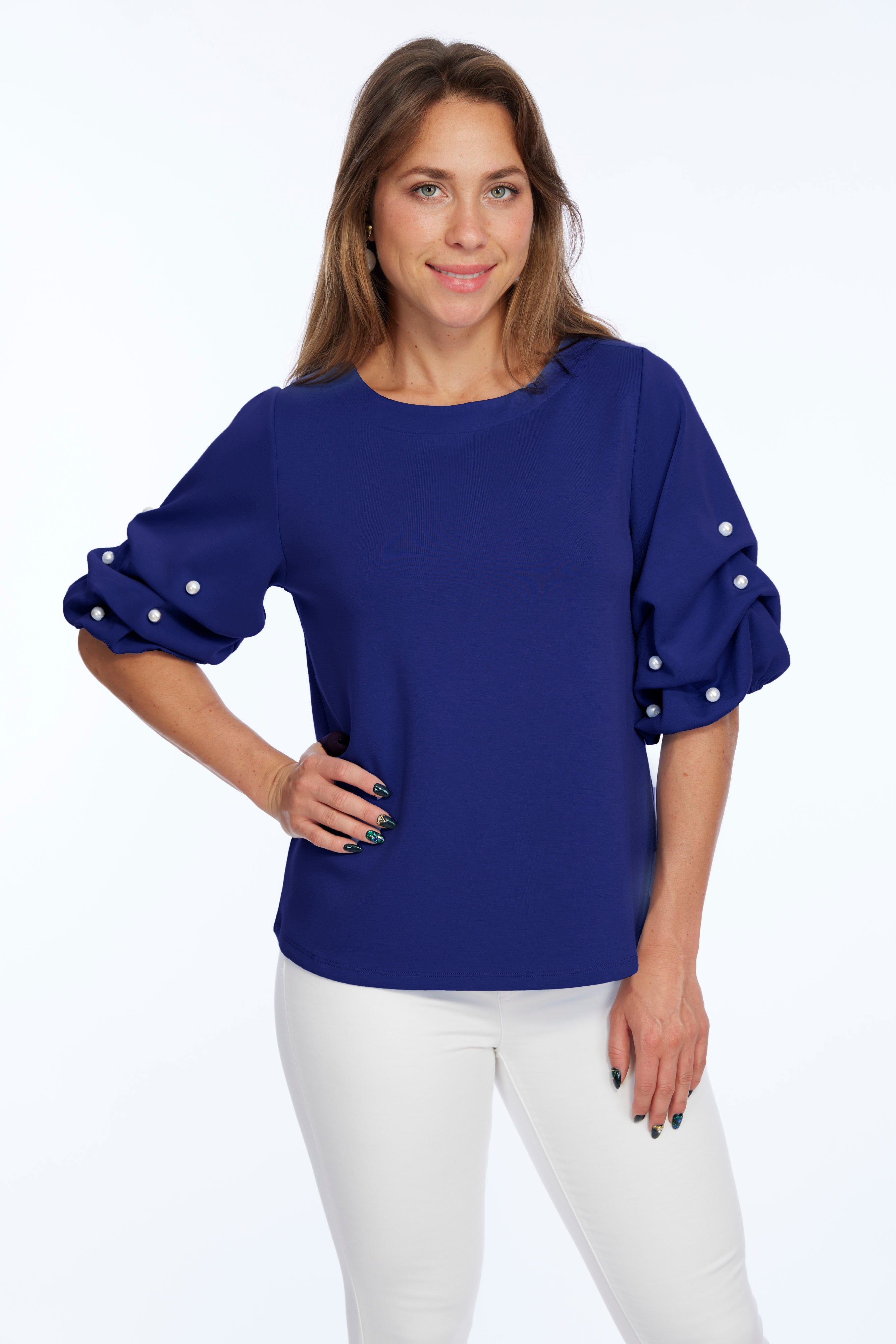 Soft Buttery Knit Navy Top With Pearls Puff Sleeves Detailing LIOR | ZILA
