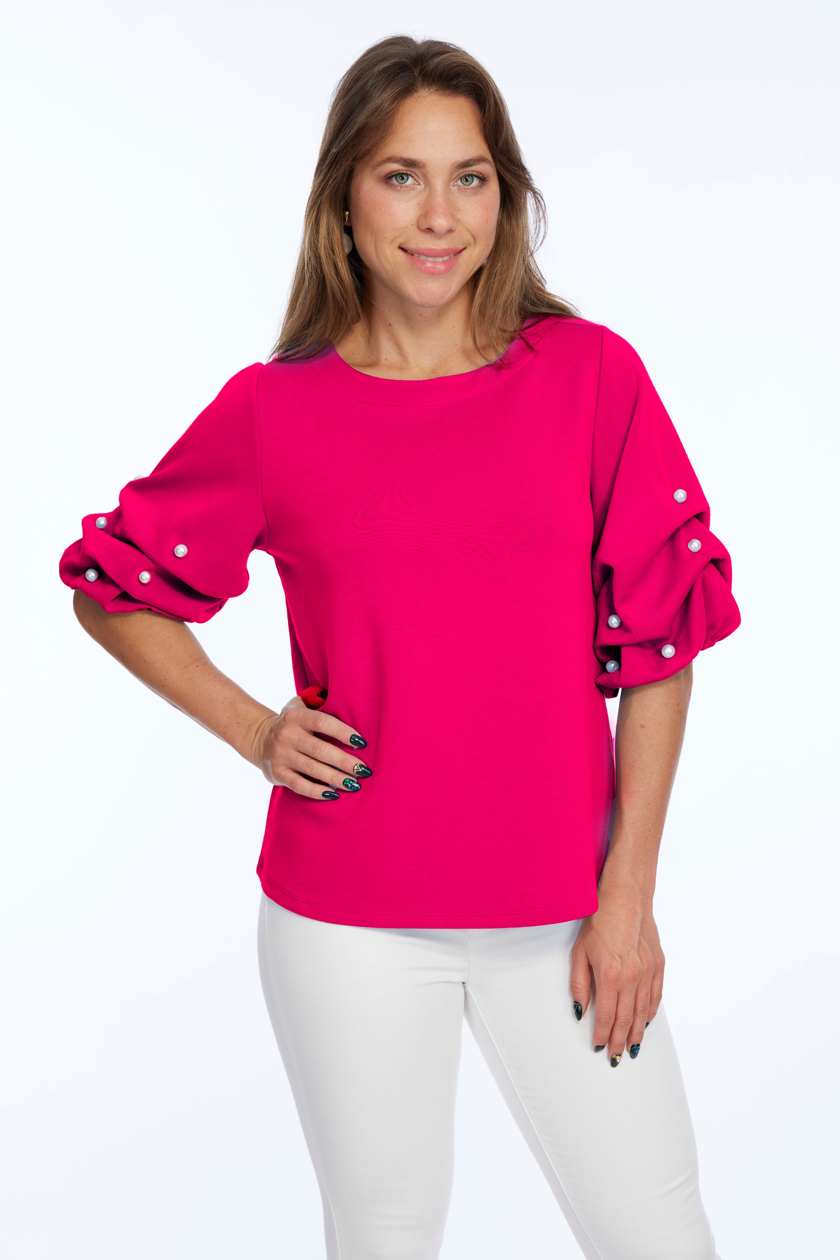 Soft Buttery Knit Punch Top With Pearls Puff Sleeves Detailing LIOR | ZILA