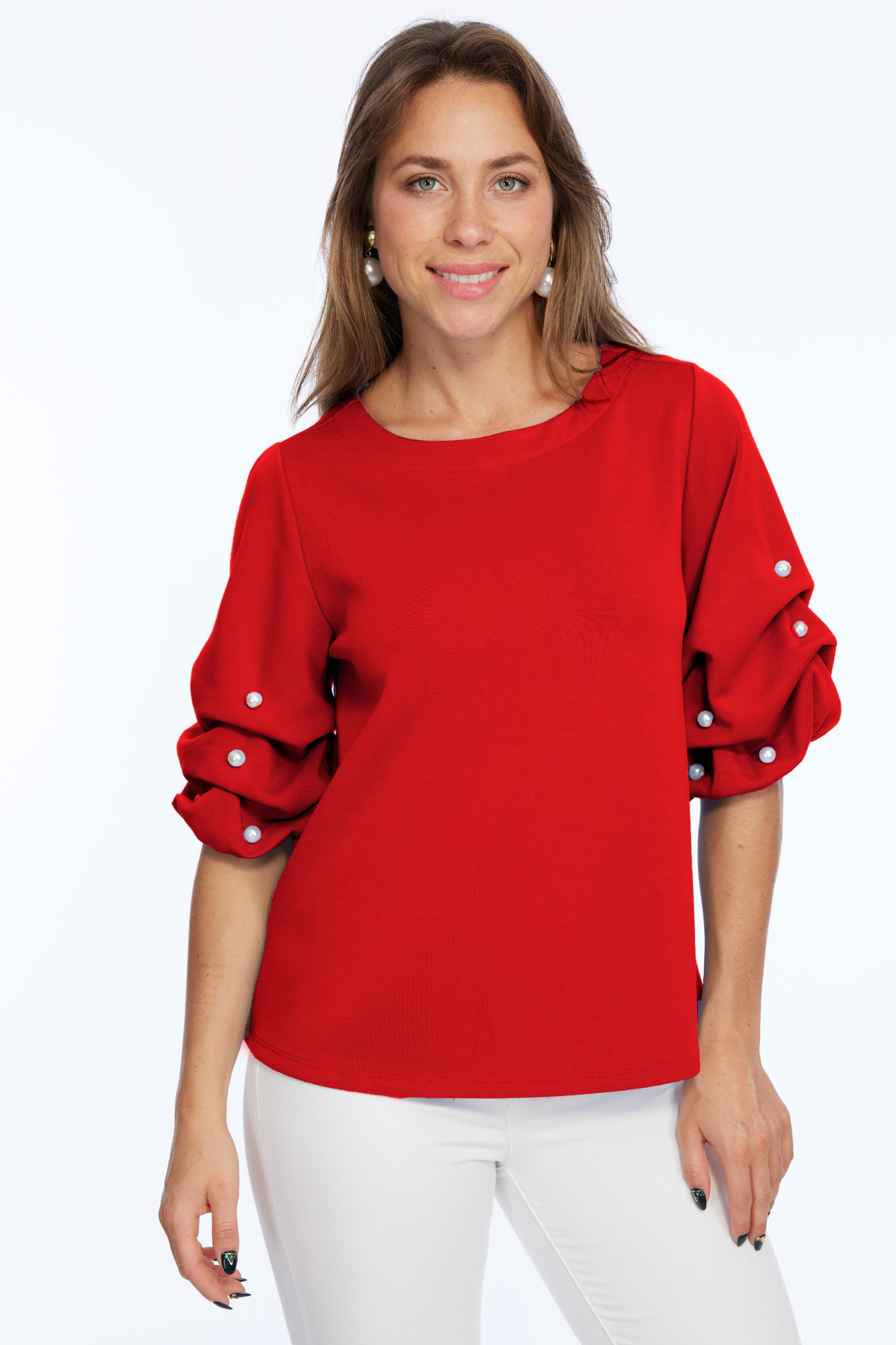 Soft Buttery Knit Red Top With Pearls Puff Sleeves Detailing LIOR | ZILA