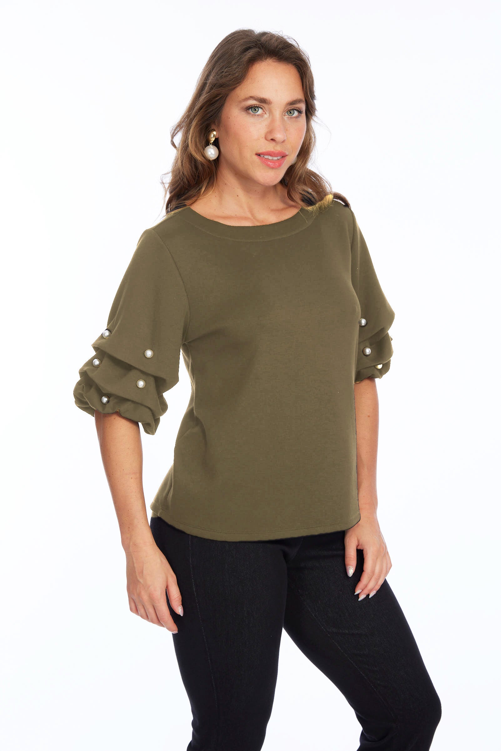 Soft Buttery Knit Taupe Top With Pearls Puff Sleeves Detailing LIOR | ZILA