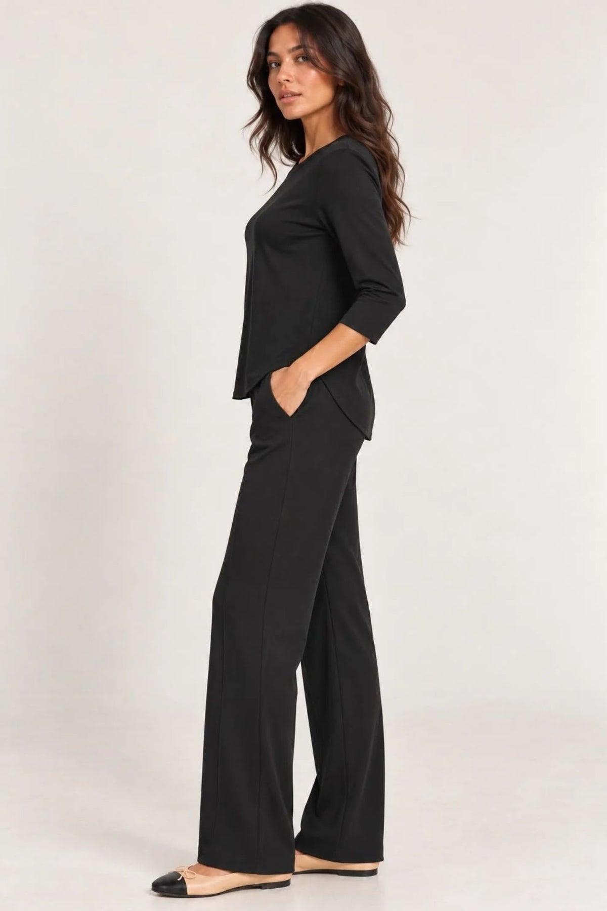 Women's 2 Piece Black Leisure Set Ft. Zofi 3/4 Knit Top & 28" Inseam Pull On Tapered Pant - "Zia"