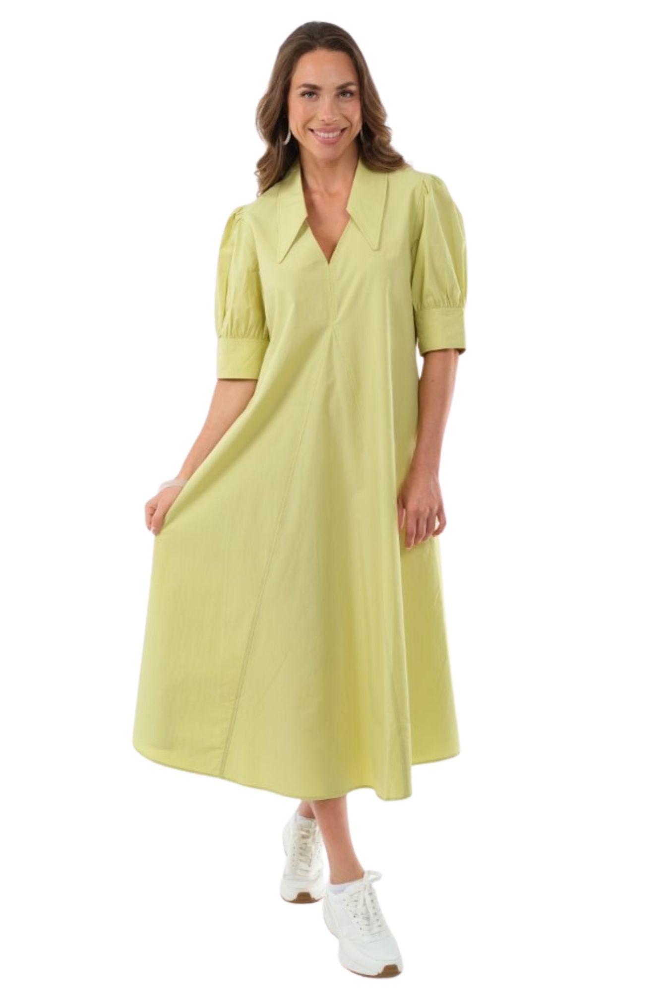 LIOR Women's Long Pointed Collar Cotton Lime Dress With Puff Sleeves - "Amber"