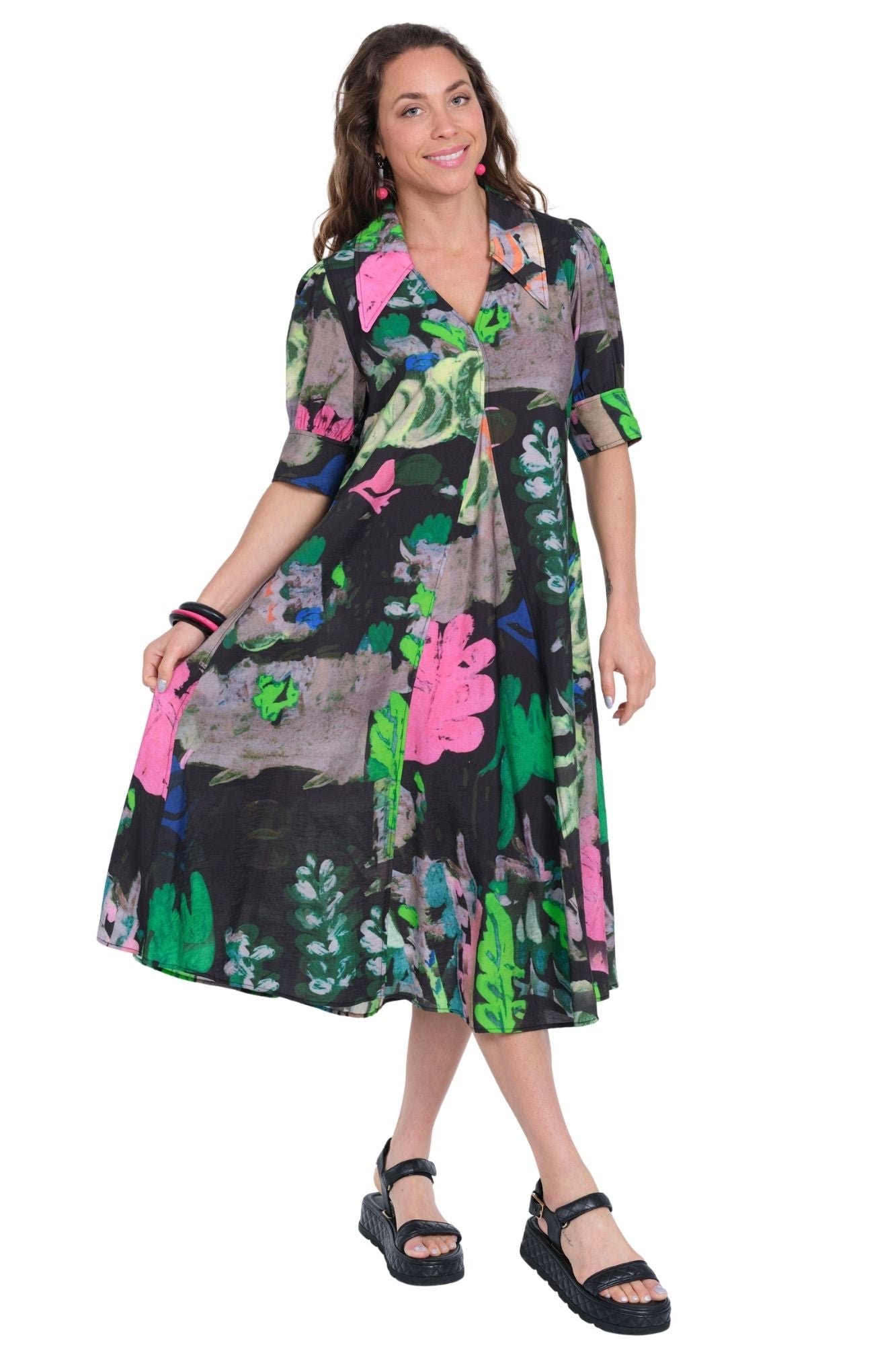 LIOR women's neon floral midi dress with black base and vibrant green and pink print