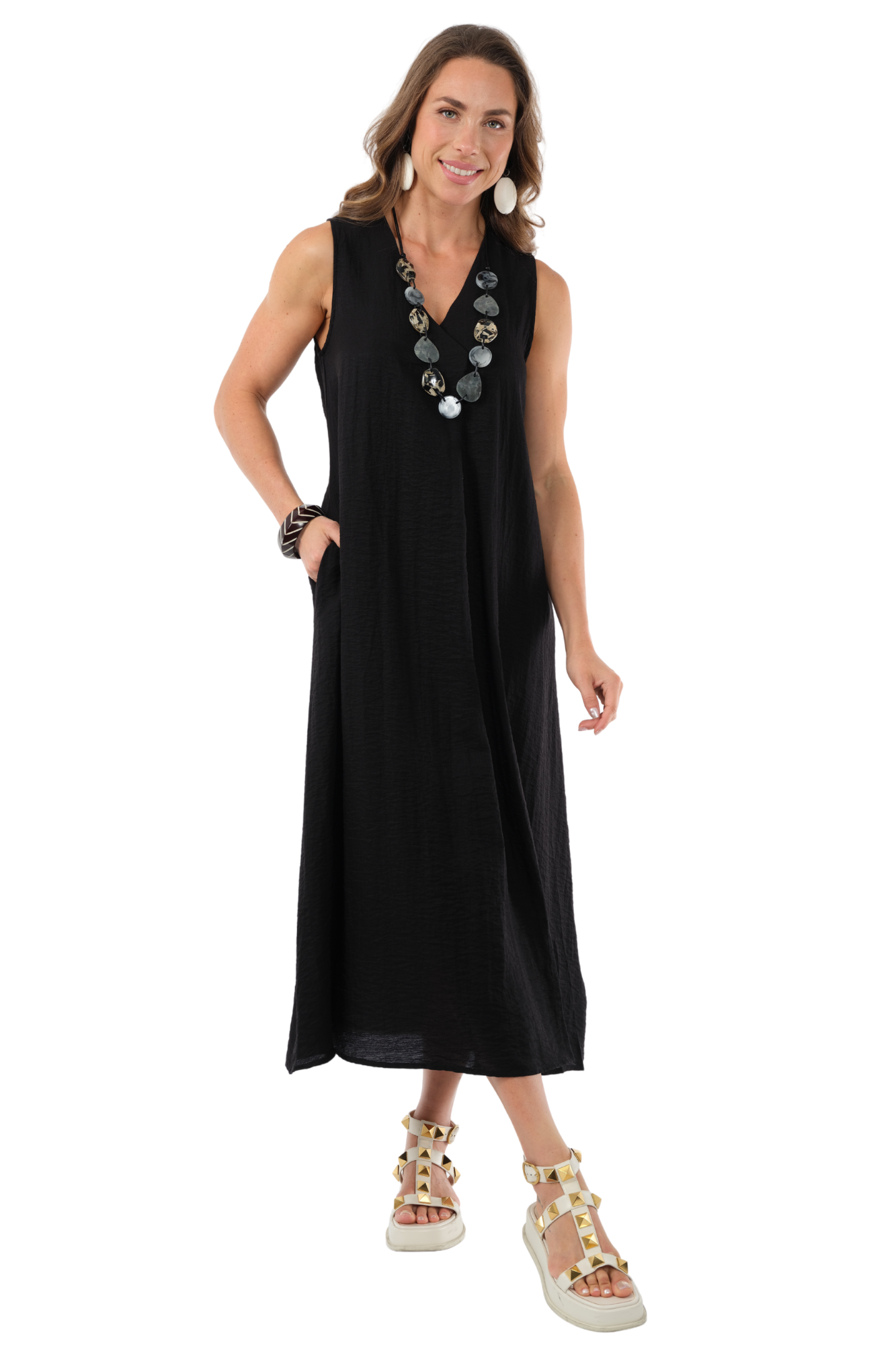 LIOR Women's Black Sleeveless Linen Midi Dress With Scrunched Back  - "Amelia"