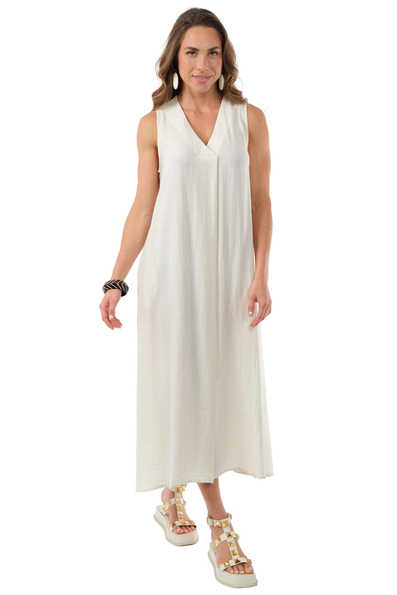 LIOR Women's Beige Sleeveless Linen Midi Dress With Scrunched Back  - "Amelia"