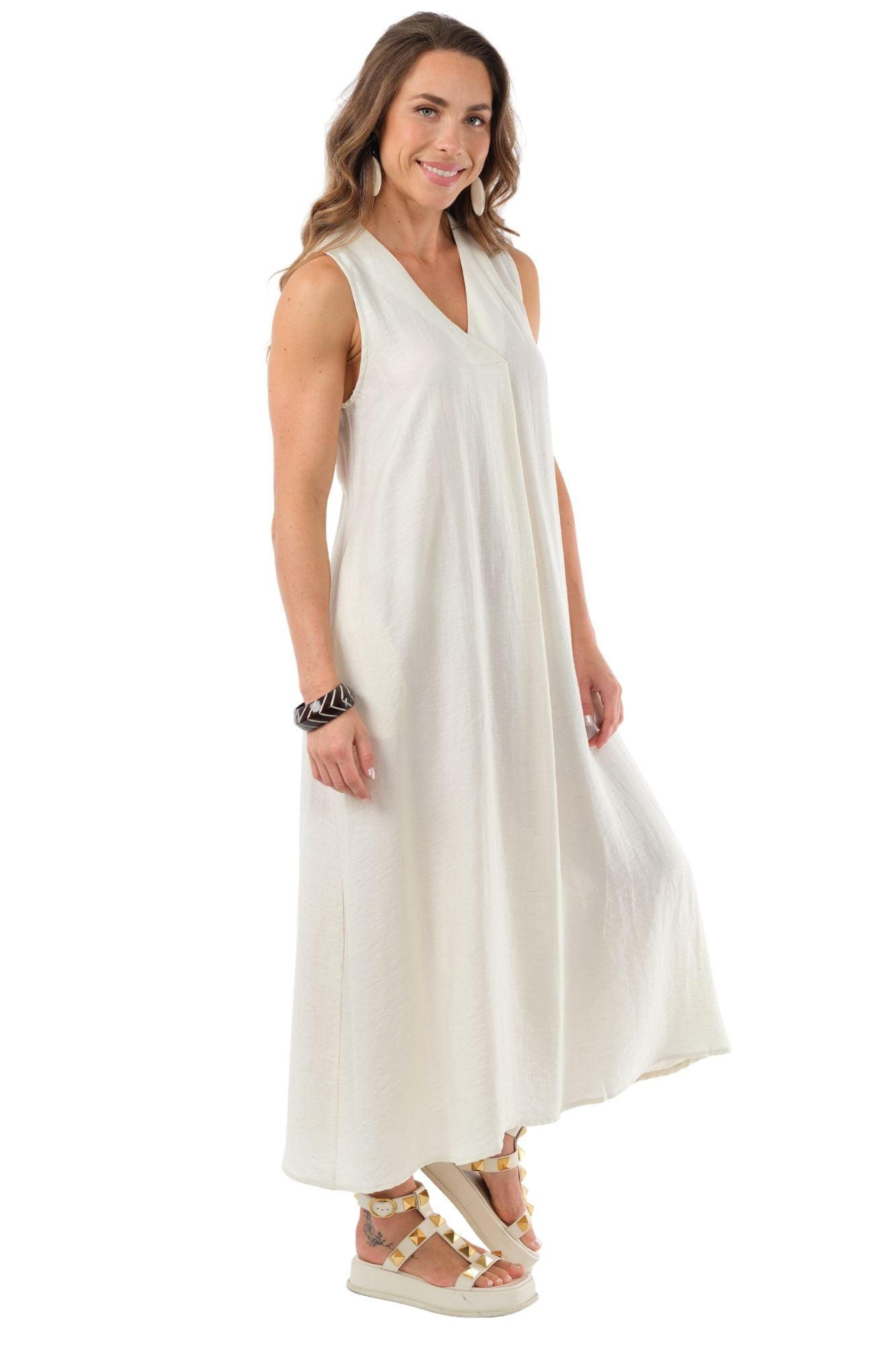 LIOR Women's Beige Sleeveless Linen Midi Dress With Scrunched Back  - "Amelia"