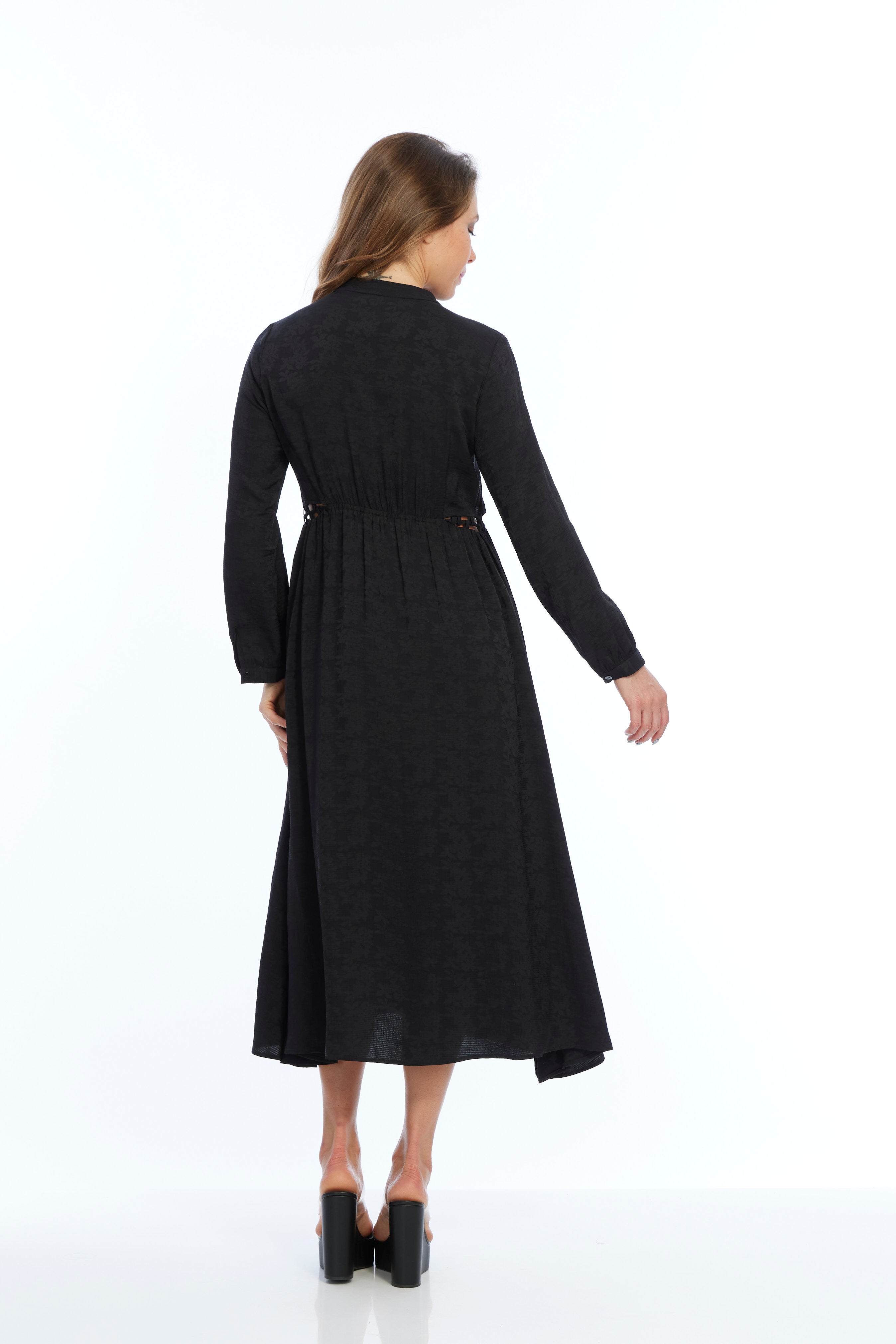 LIOR Women's Long Sleeve Jacquard Black Dress With Drawstring Collar- Aurora