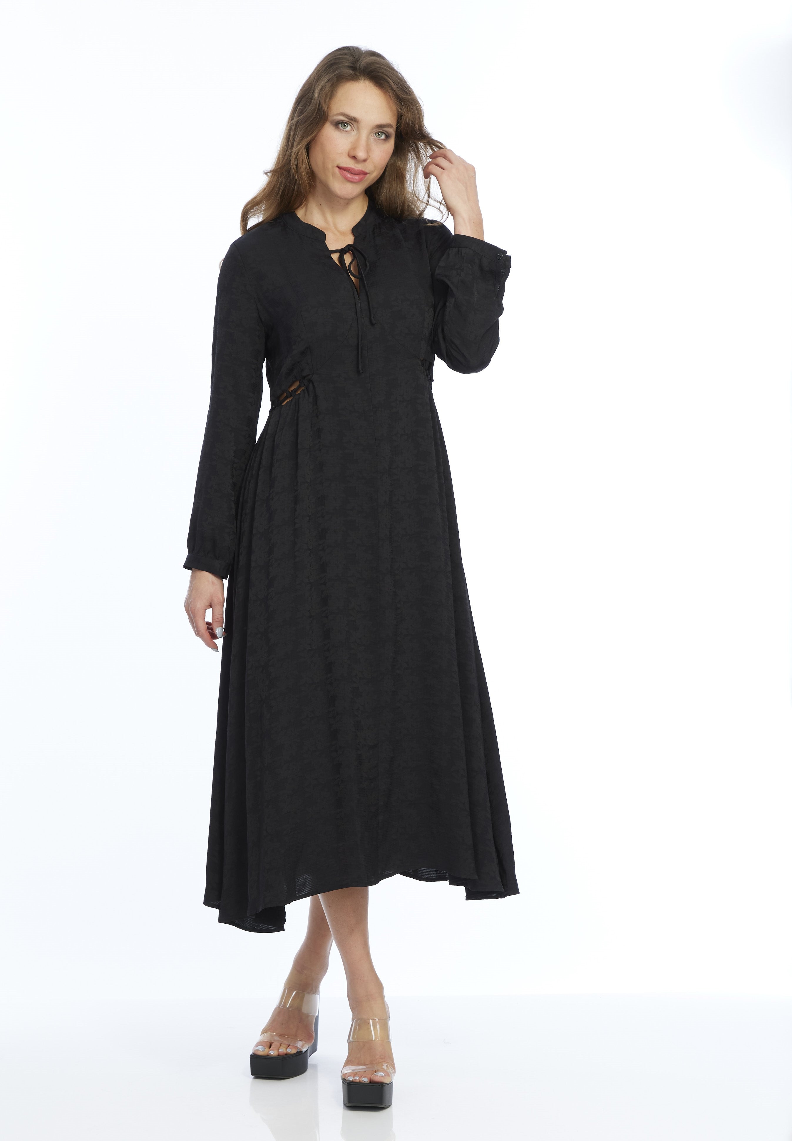 LIOR Women's Long Sleeve Jacquard Black Dress With Drawstring Collar- Aurora