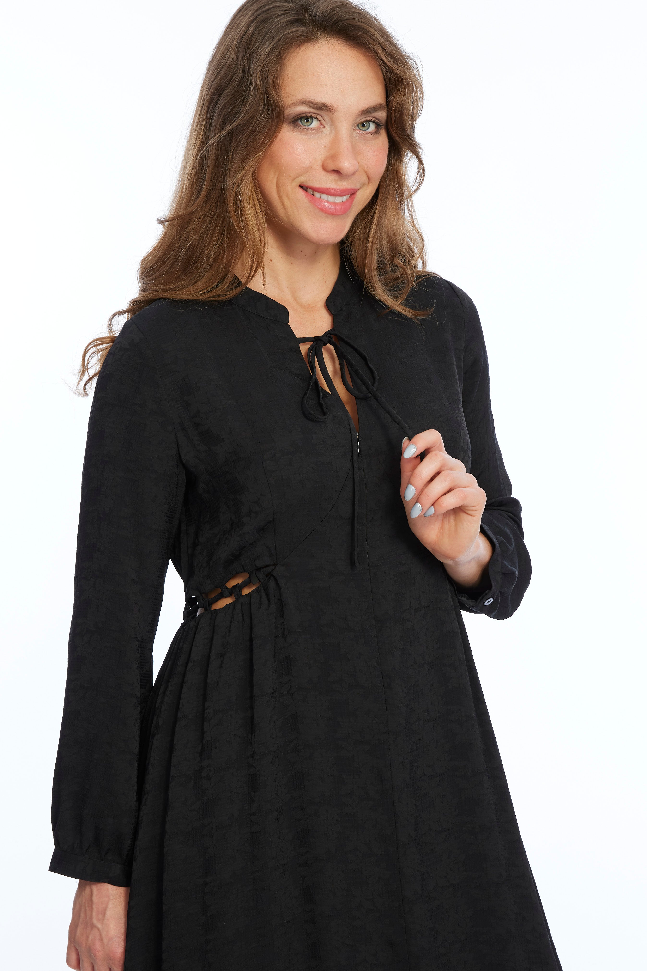 LIOR Women's Long Sleeve Jacquard Black Dress With Drawstring Collar- Aurora