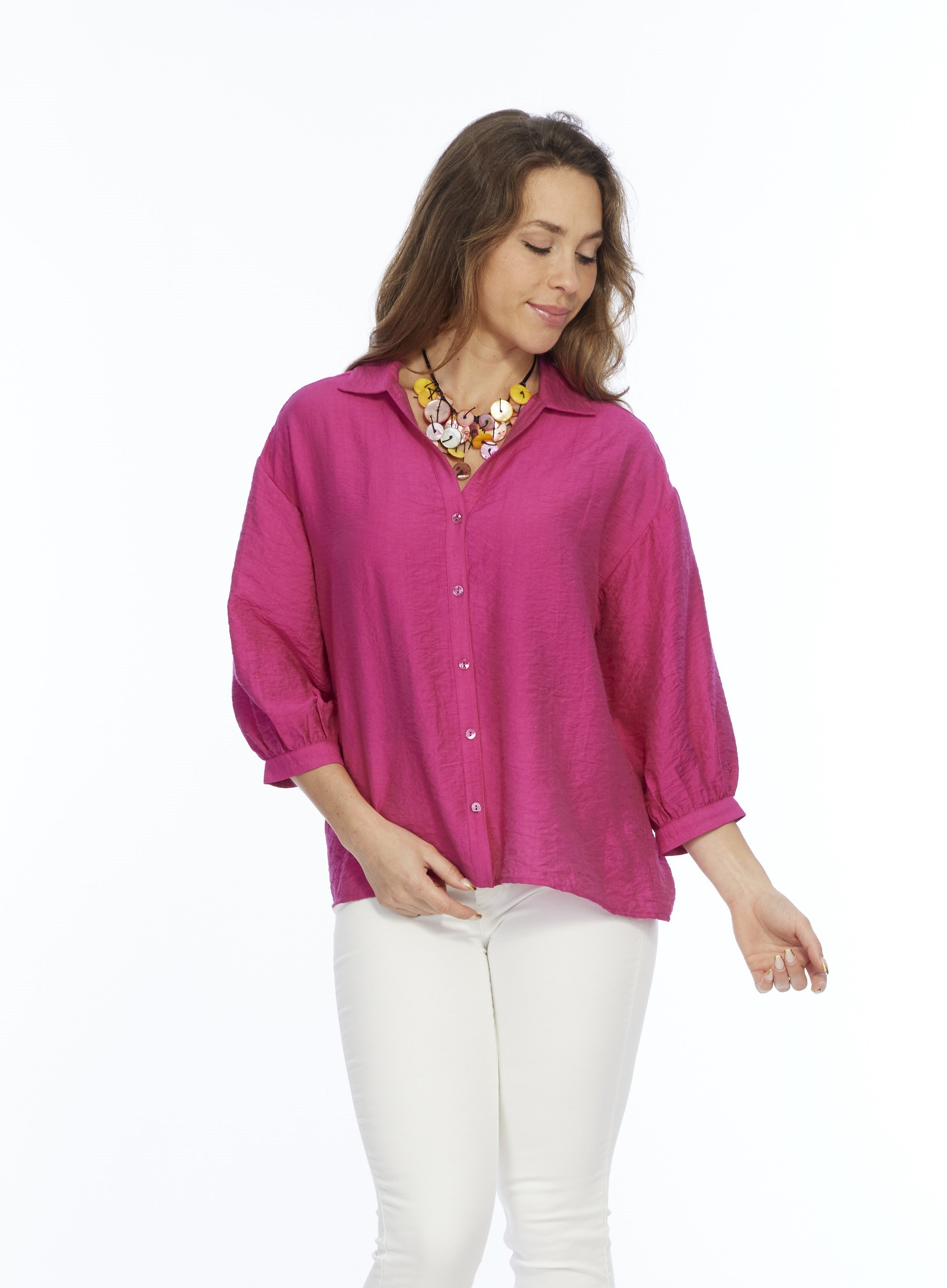 Women's Button Front Hot Pink Jacquard Blouse | BELLE LIOR