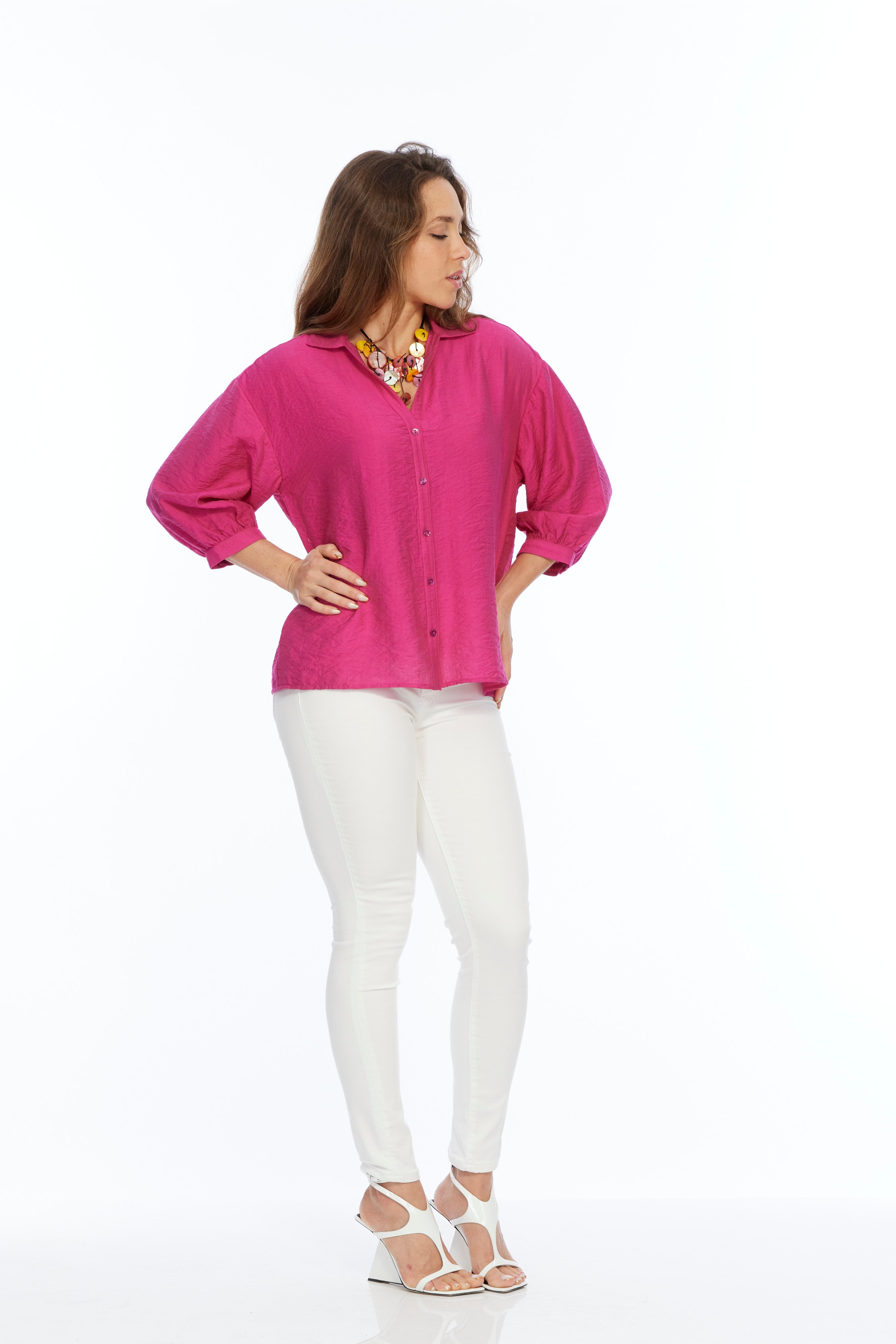 Women's Button Front Hot Pink Jacquard Blouse | BELLE LIOR