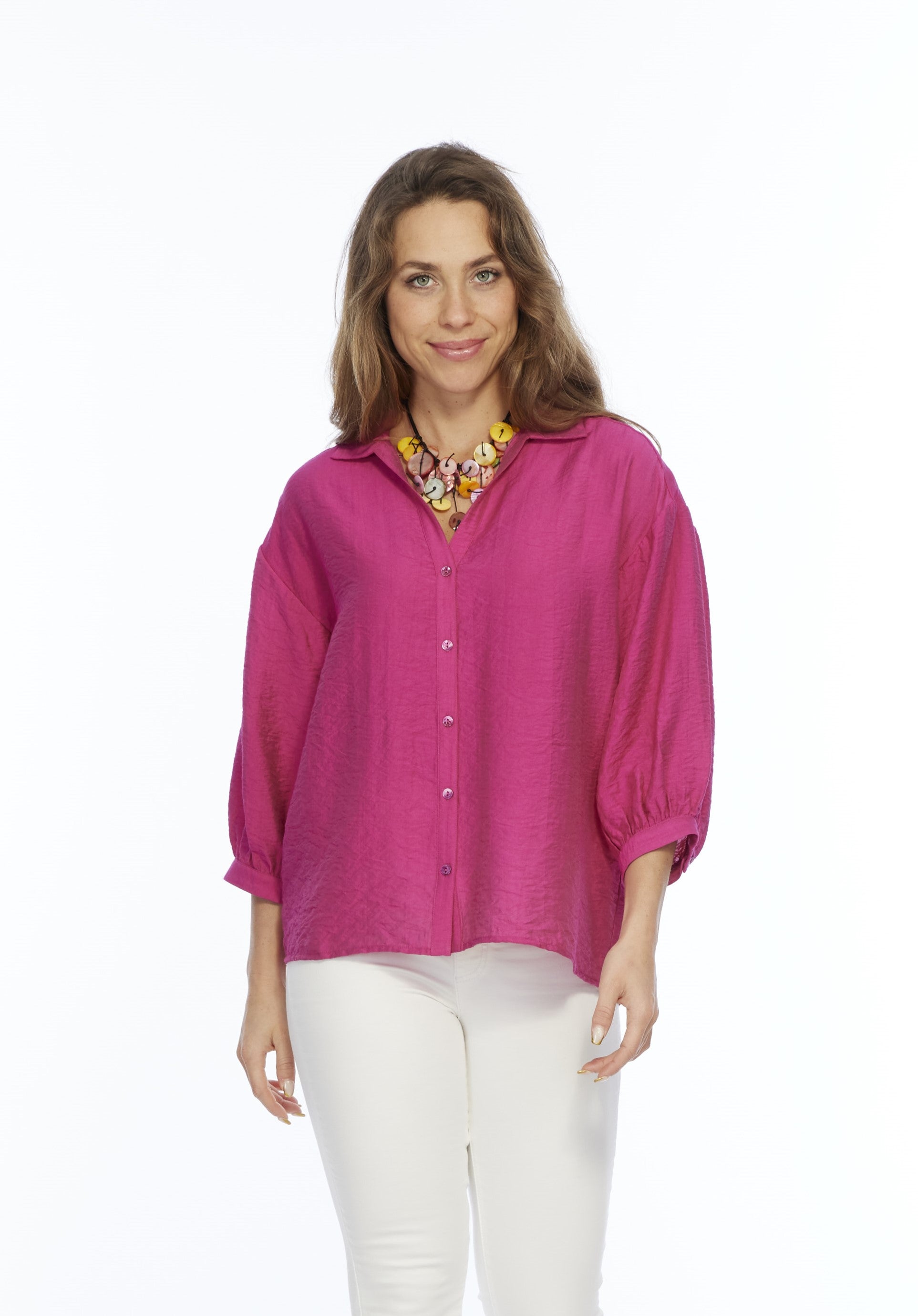 Women's Button Front Hot Pink Jacquard Blouse | BELLE LIOR