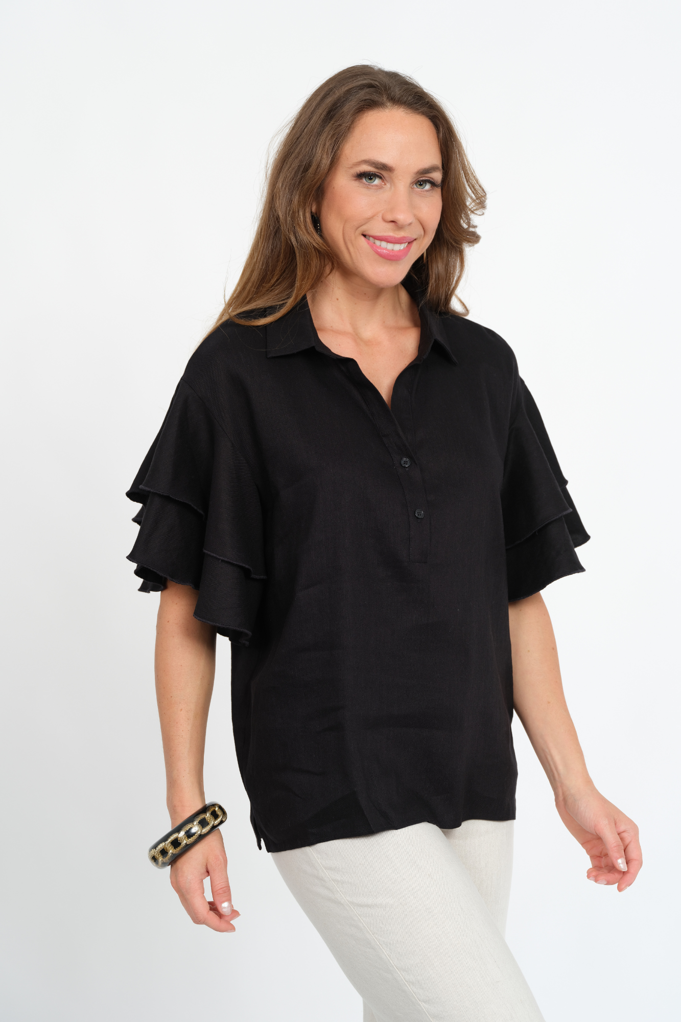 LIOR Women's Black Short Flounce Sleeve Linen Top With Collar - "Harmony"
